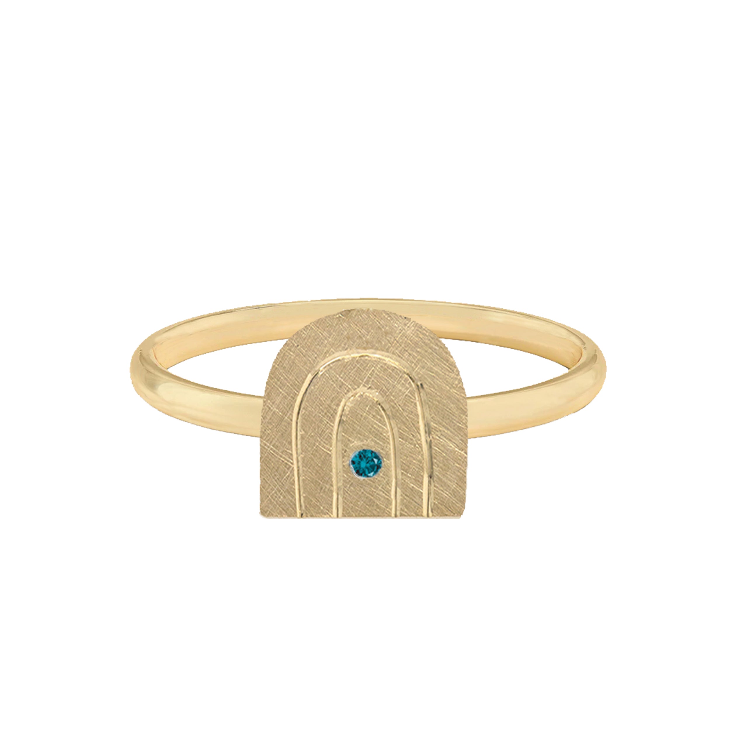 14k Yellow Gold Rainbow Arch Teeny Tiny Ring with Teal Diamond on White Background