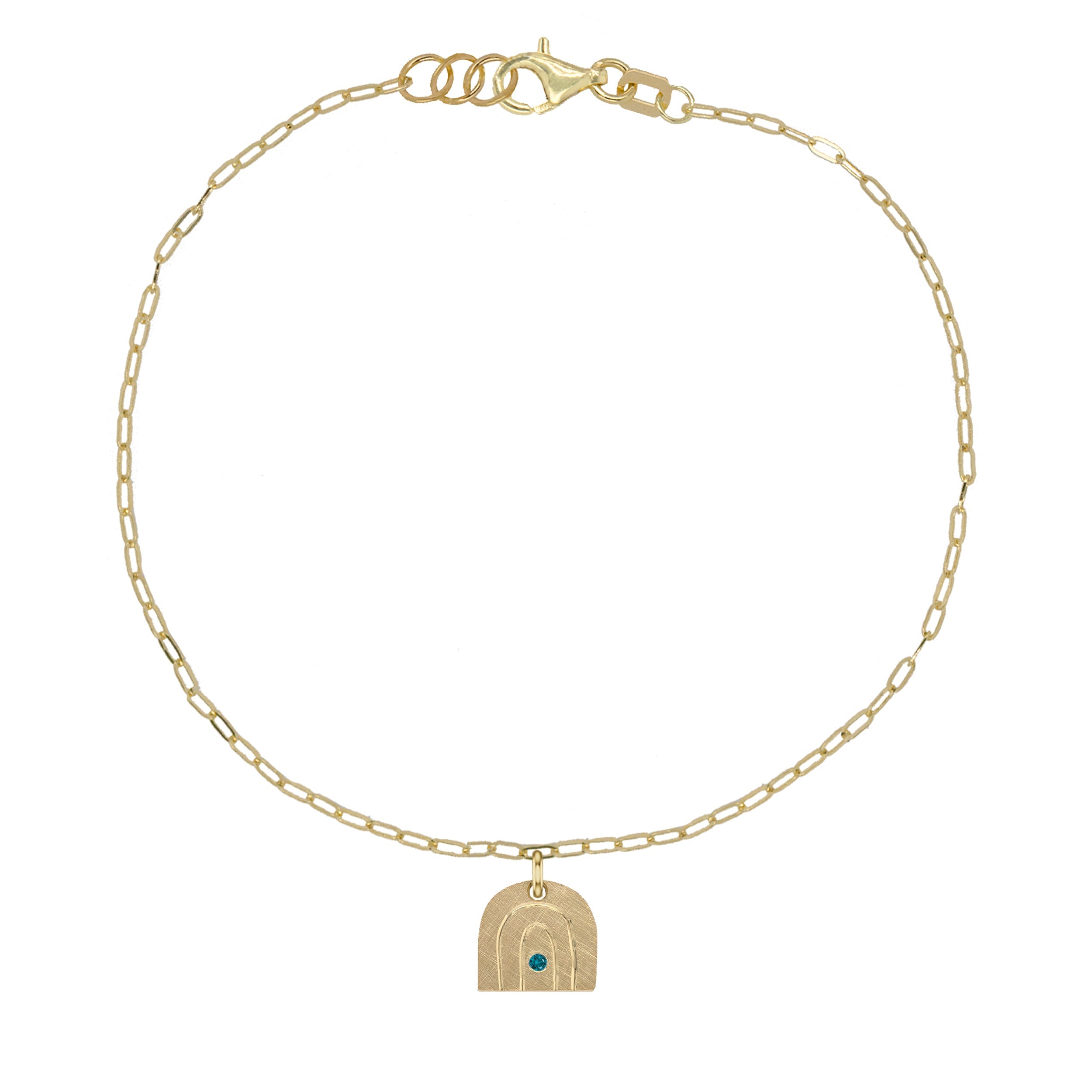 14k yellow gold teeny tiny teal diamond rainbow charm bracelet with paperclip link chain on white background