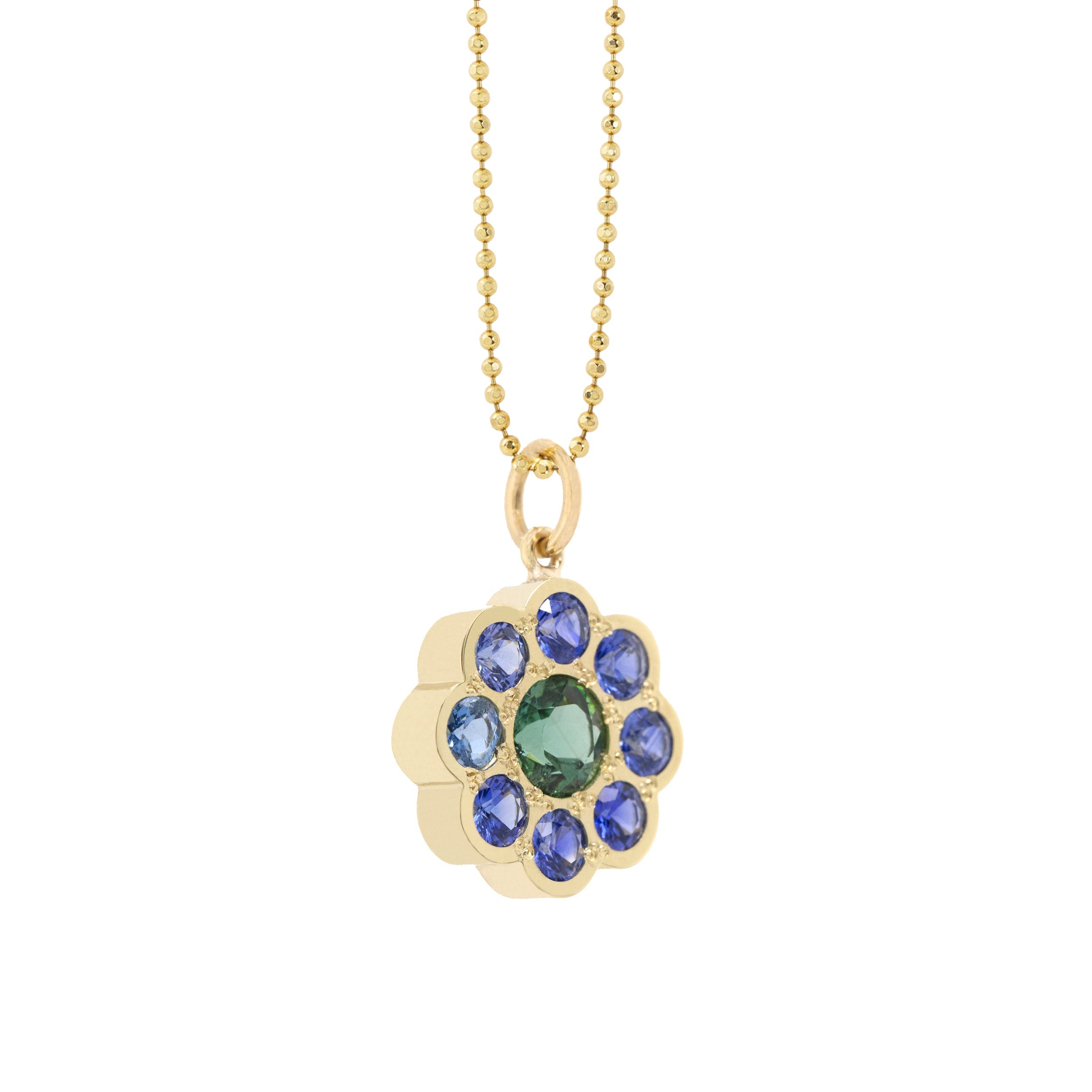 14k yellow gold flower pendant with multicolored gemstones on diamond cut ball chain on white background