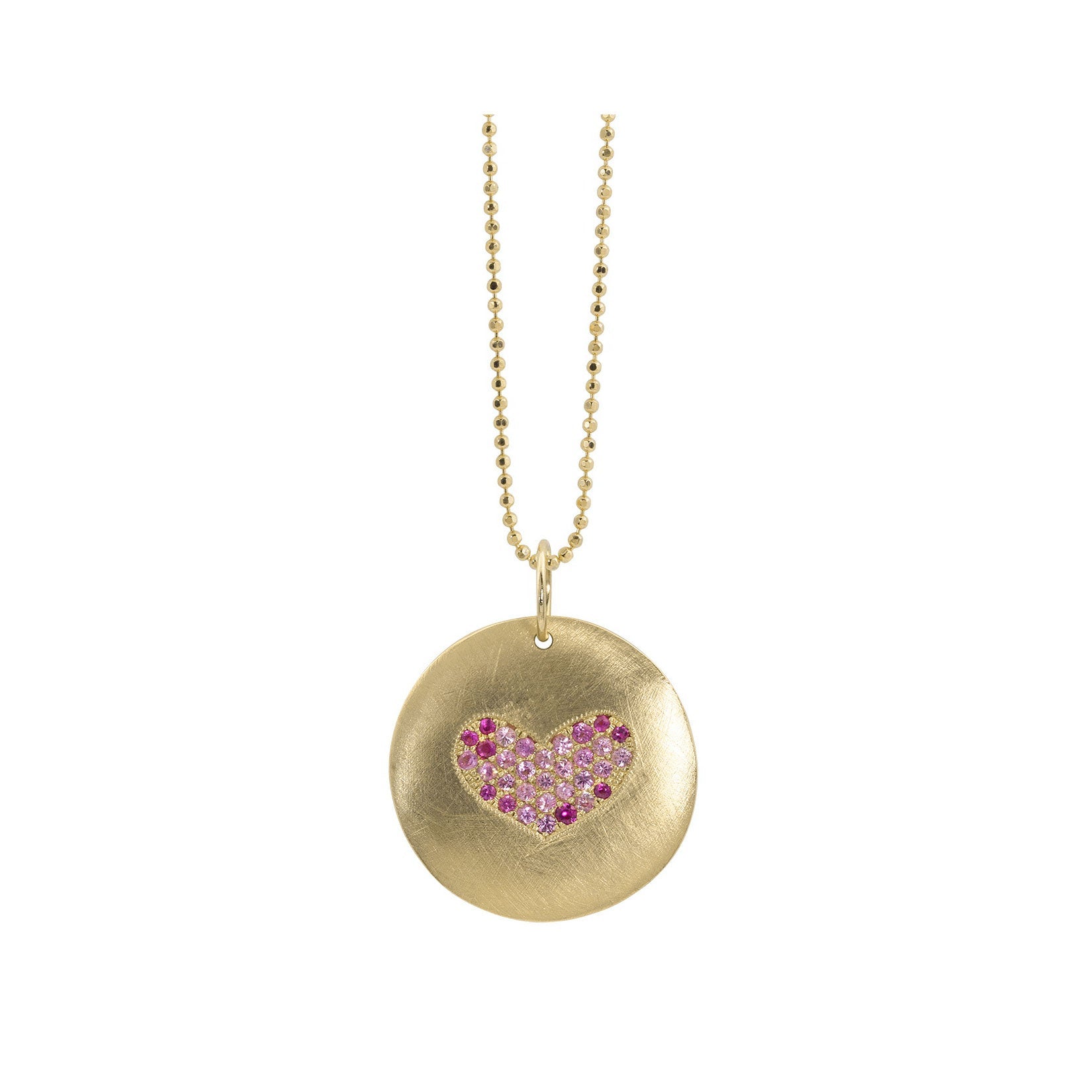 14k yellow gold pendant with heart-shaped paved set pink sapphires on diamond cut ball chain on white background
