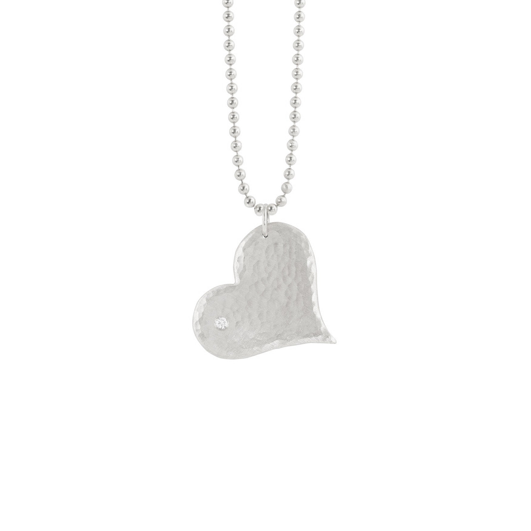 14k white gold heart shaped hammered pendant with white diamond on ball chain on white background