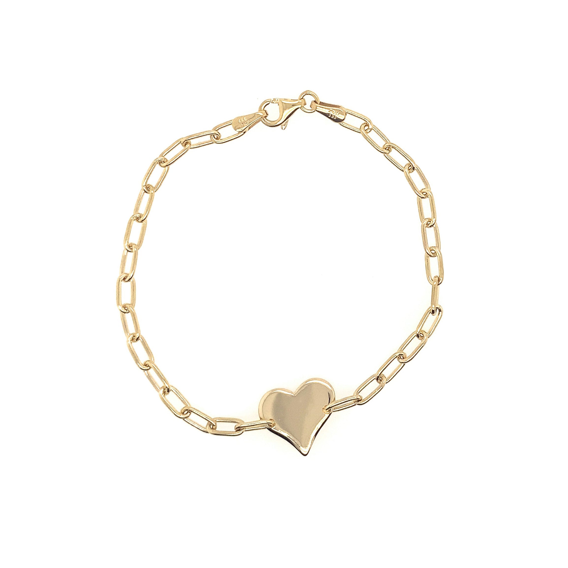 14k yellow gold heart bracelet with paperclip link chain on white background