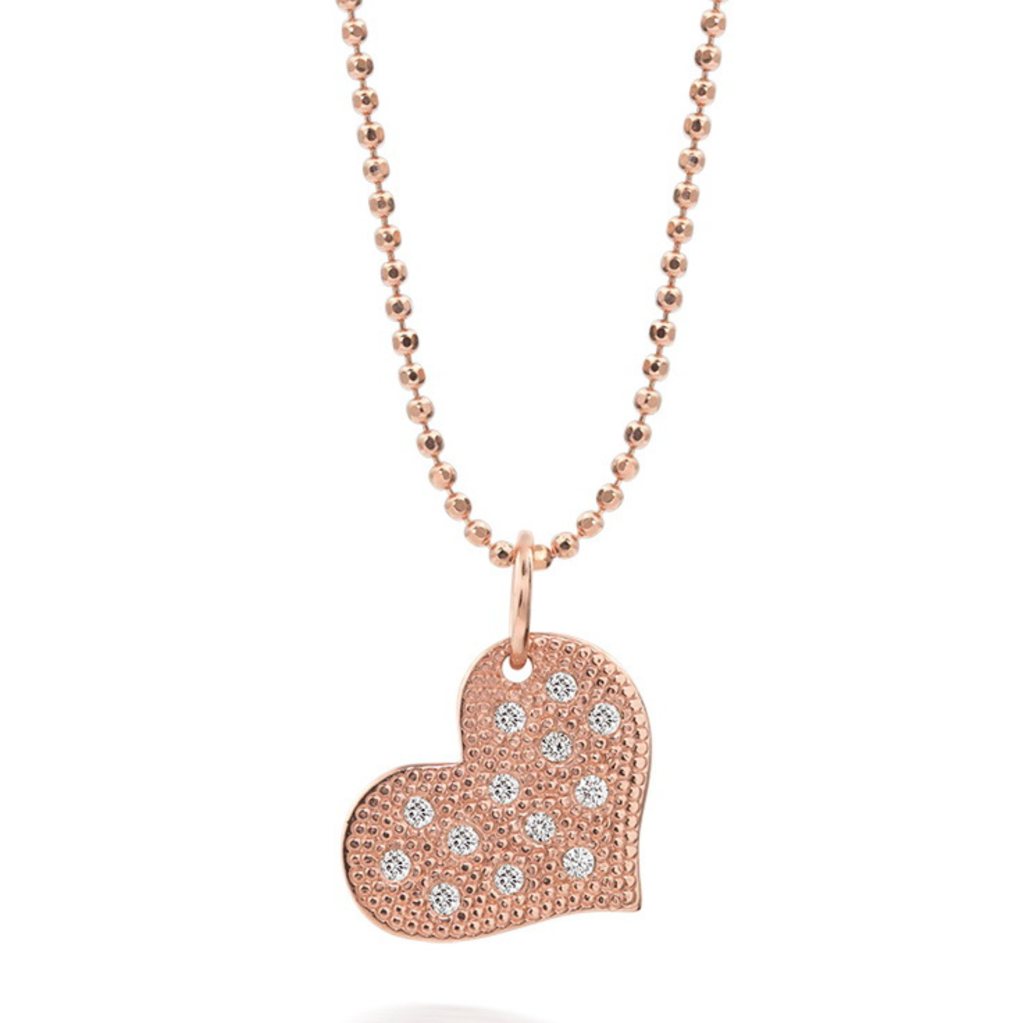 14k rose gold heart-shaped pendant with beaded texture and scattered white diamonds on diamond cut ball chain on a white background