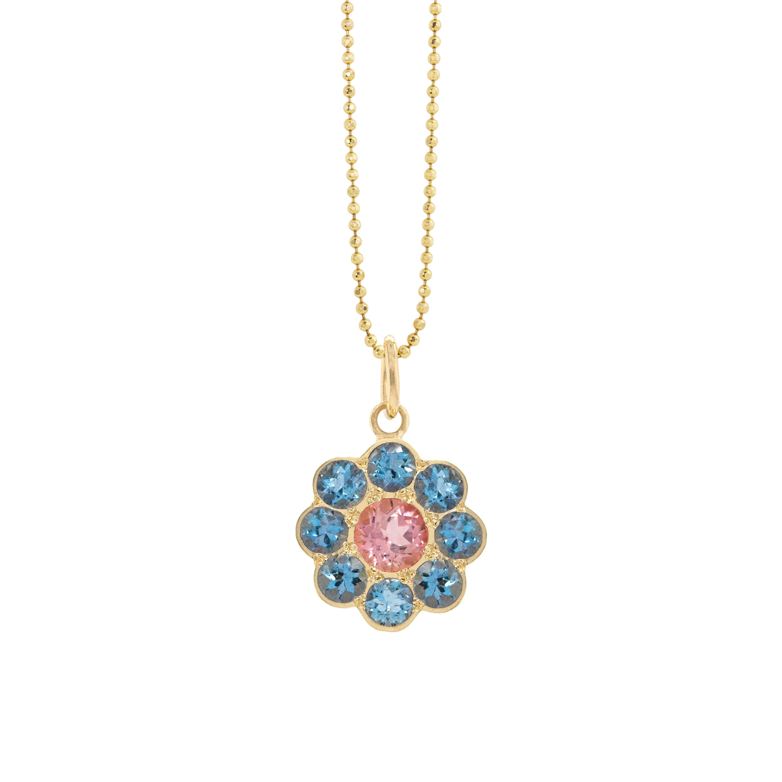 14k yellow gold flower pendant featuring blue and pink gemstones on a diamond cut ball chain on a white background