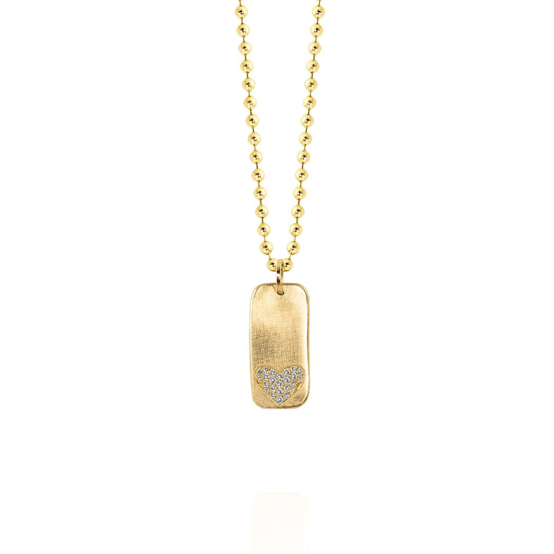 14k Gold satin finish bar necklace with a heart-shaped diamond cluster pendant on ball chain on a white background
