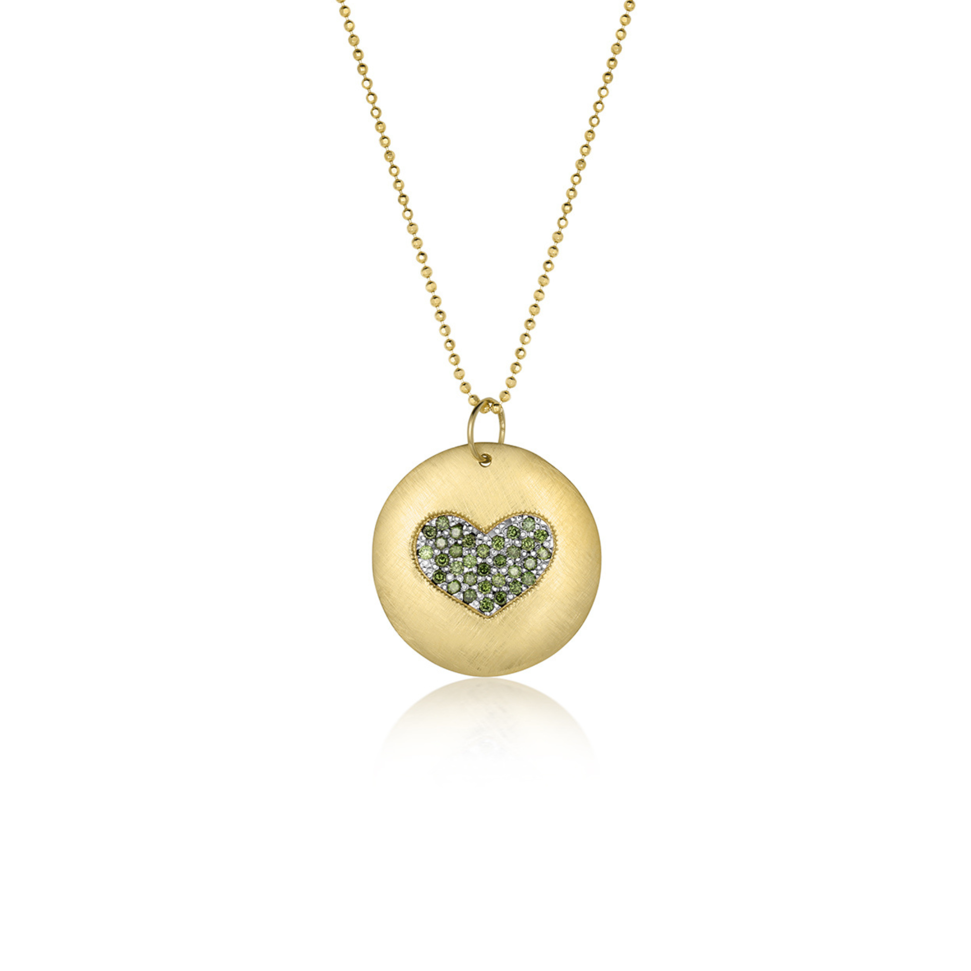 14k yellow gold pendant with heart-shaped paved set green sapphires on diamond cut ball chain on white background