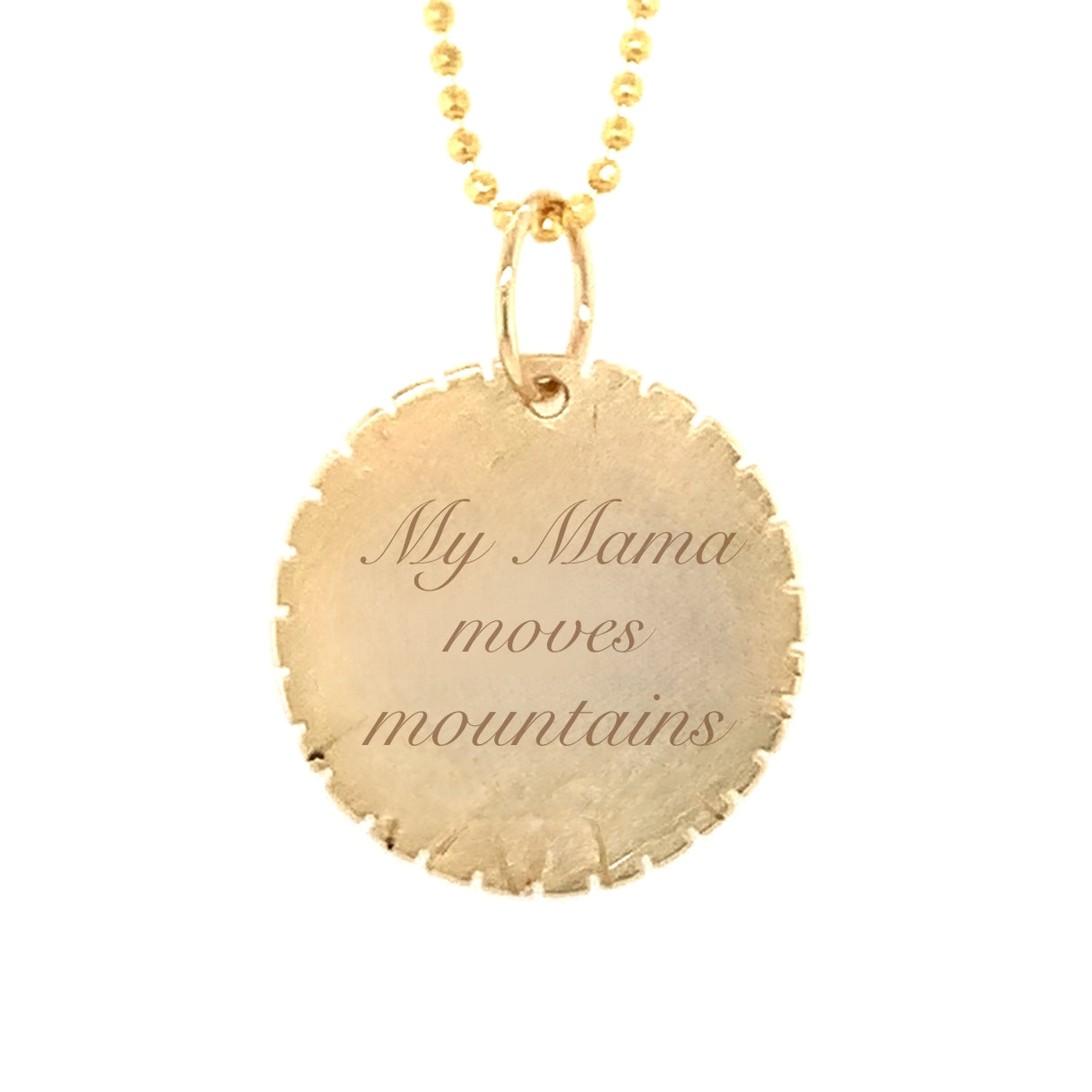 14k yellow gold round pendant with hand etched mountains and white diamond starbursts reverse side is engraved My Mama moves mountains on rolo chain on a white background
