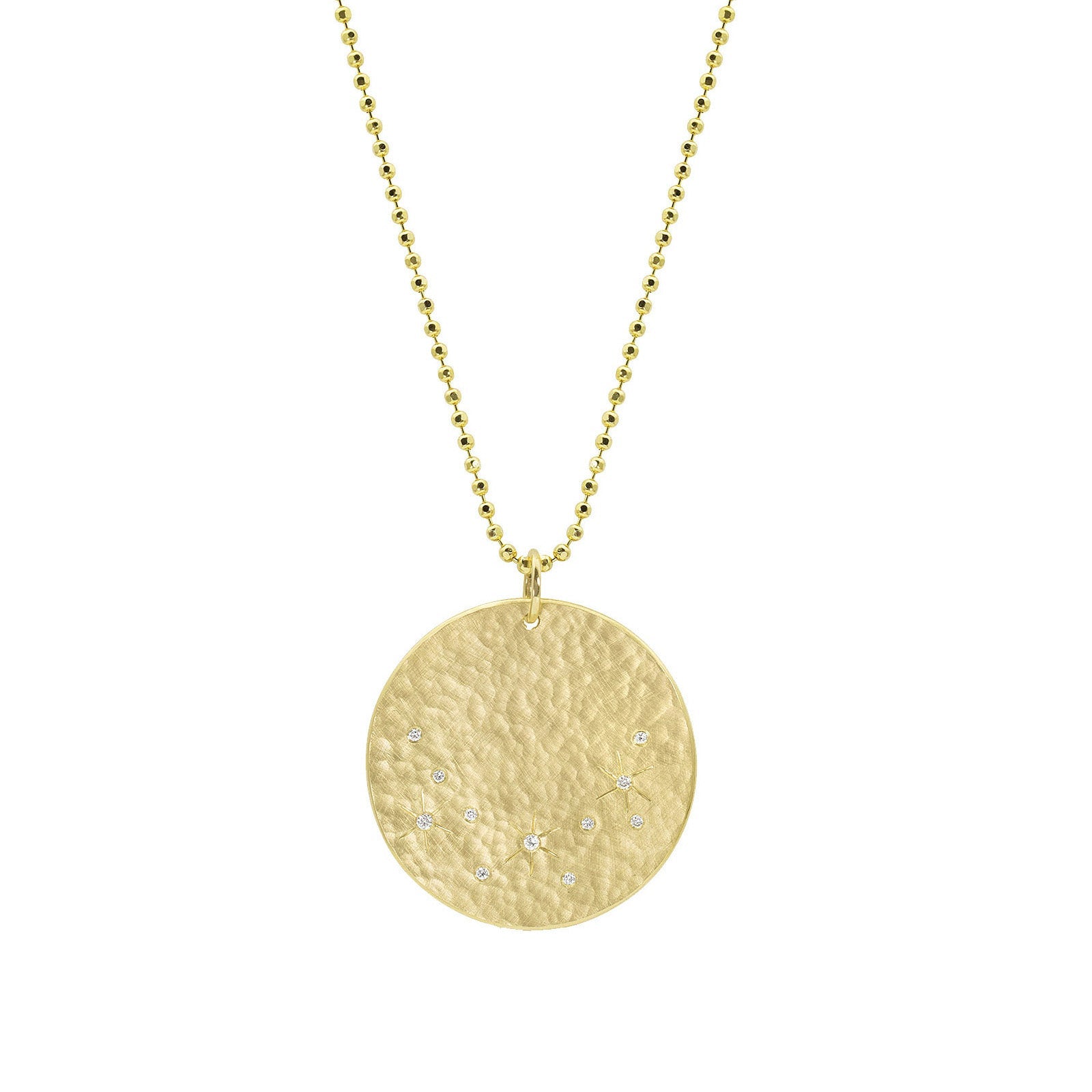 14k yellow gold round medallion with hammered finish and scattered white diamonds with hand etched starbursts on diamond cut ball chain on white background