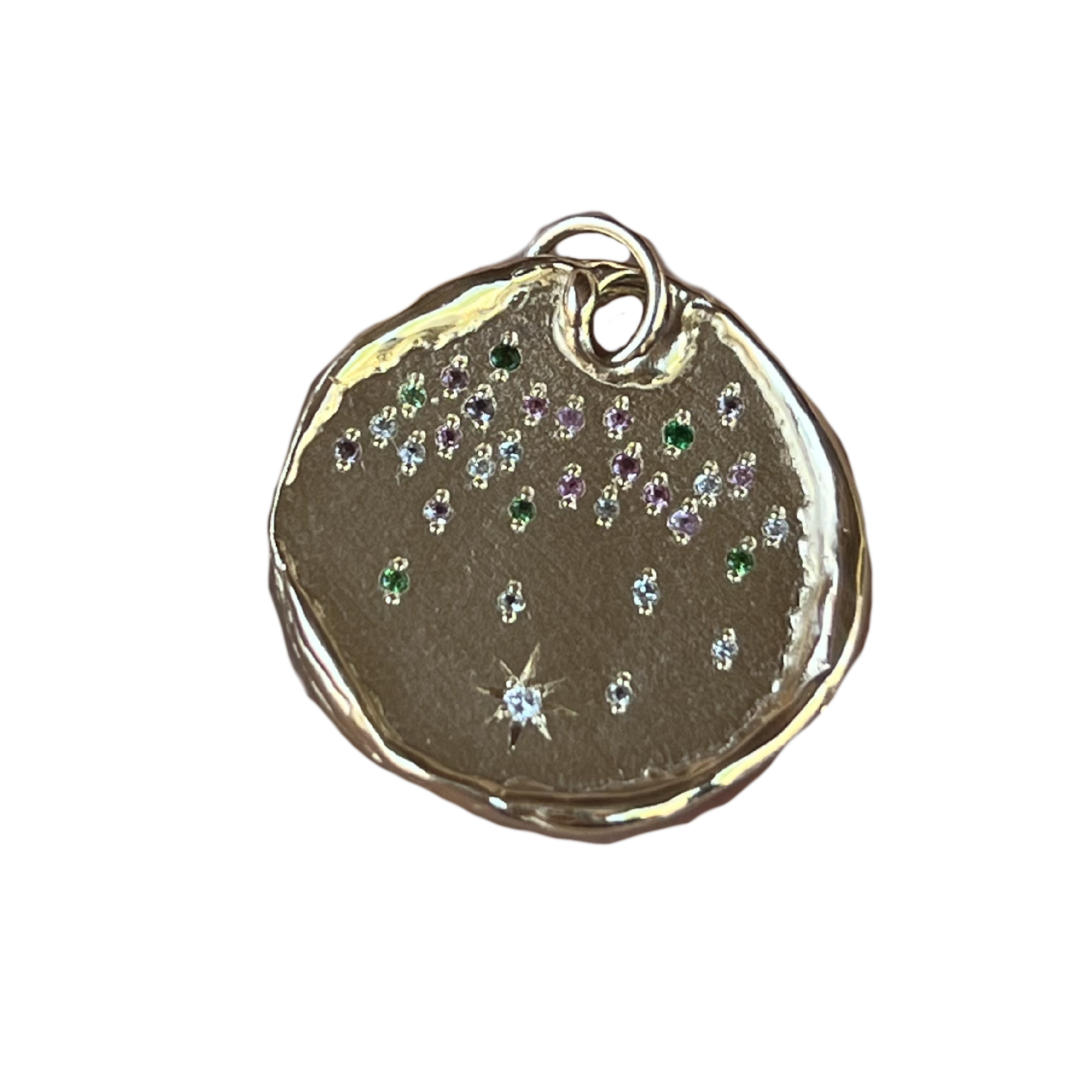 MIST 14K Gold Round Dog Tag with Diamonds and Sapphires