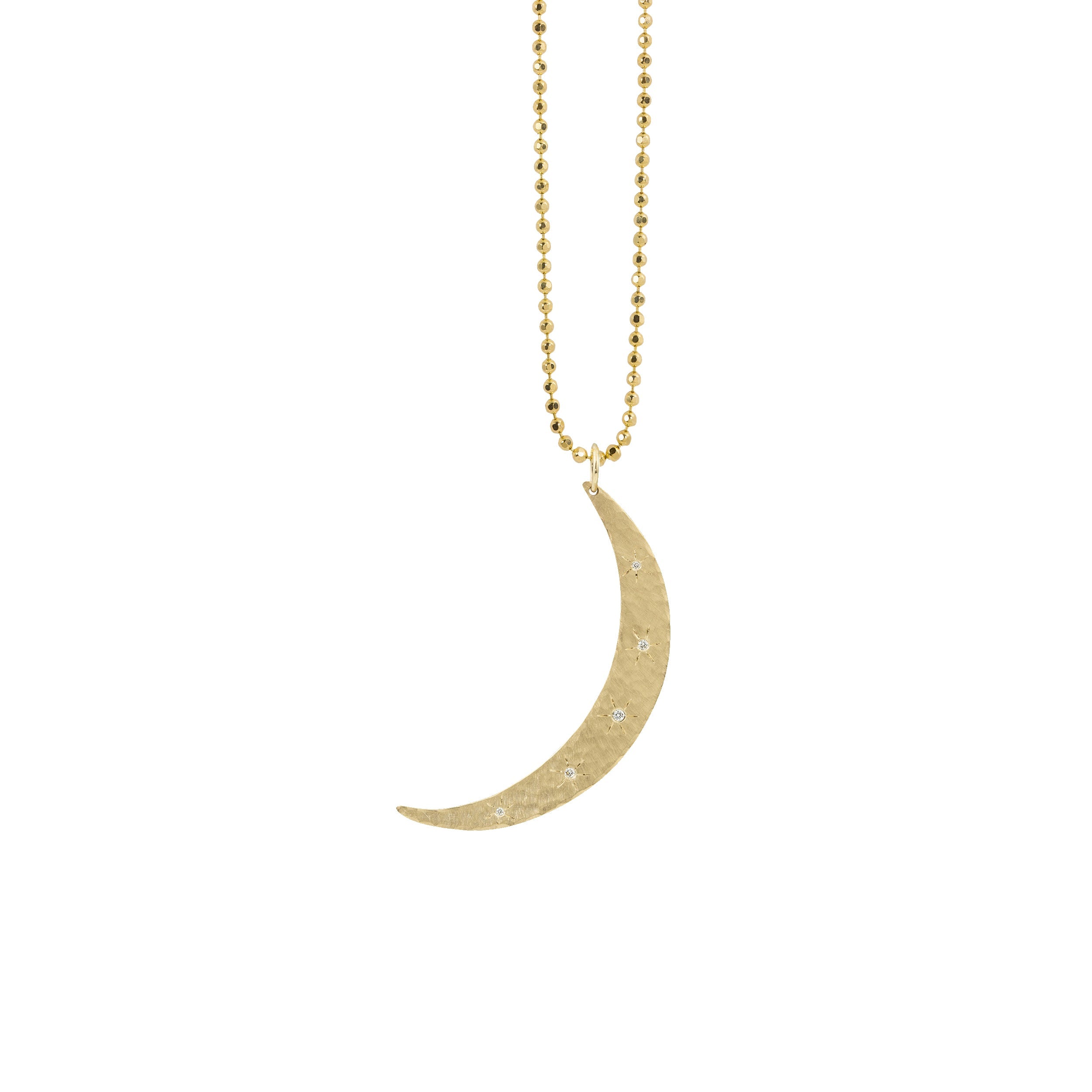 14k yellow gold hammered crescent moon pendant with scattered white diamonds and hand etched starbursts on diamond cut ball chain on a white background