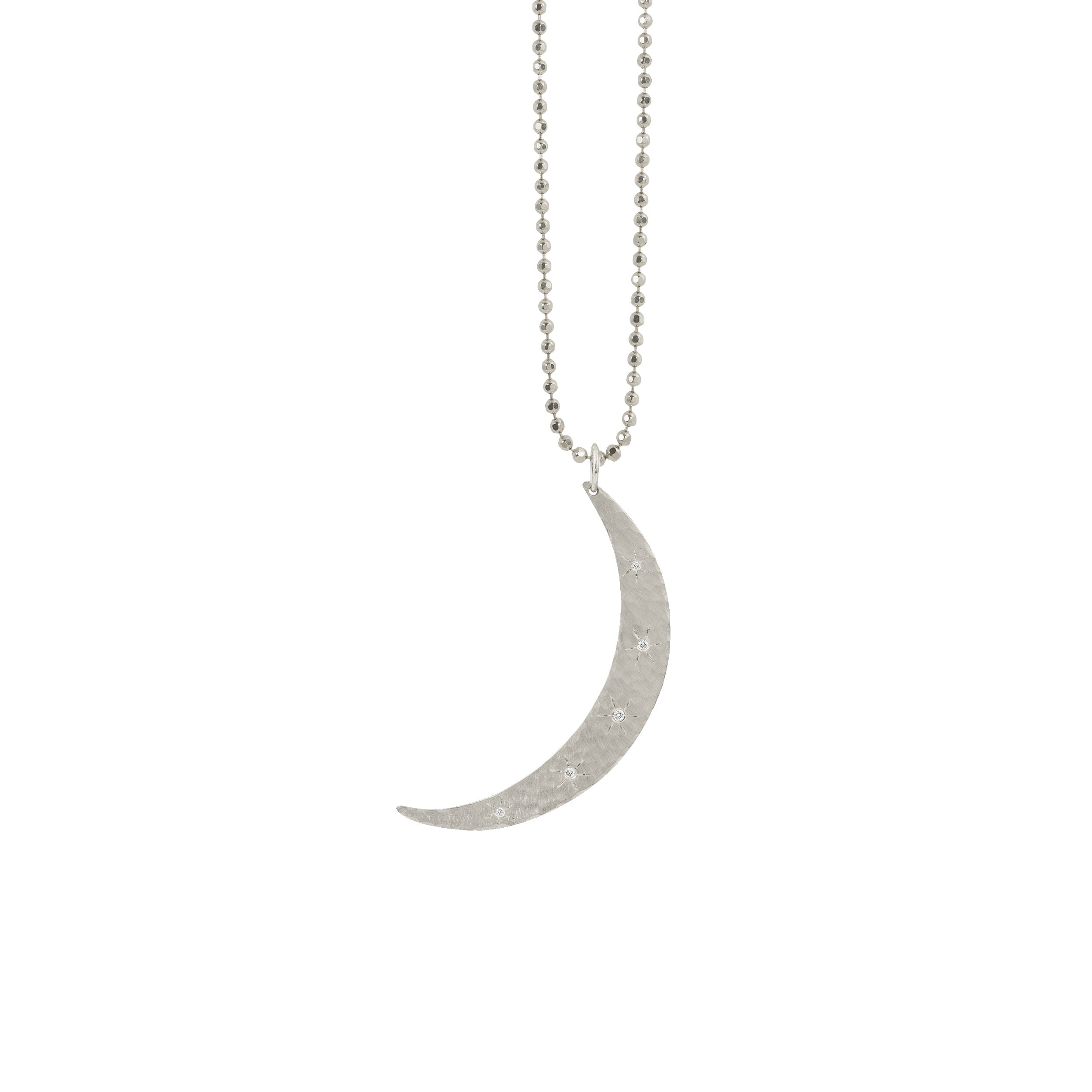 14k white gold hammered crescent moon pendant with scattered white diamonds and hand etched starbursts on diamond cut ball chain on a white background