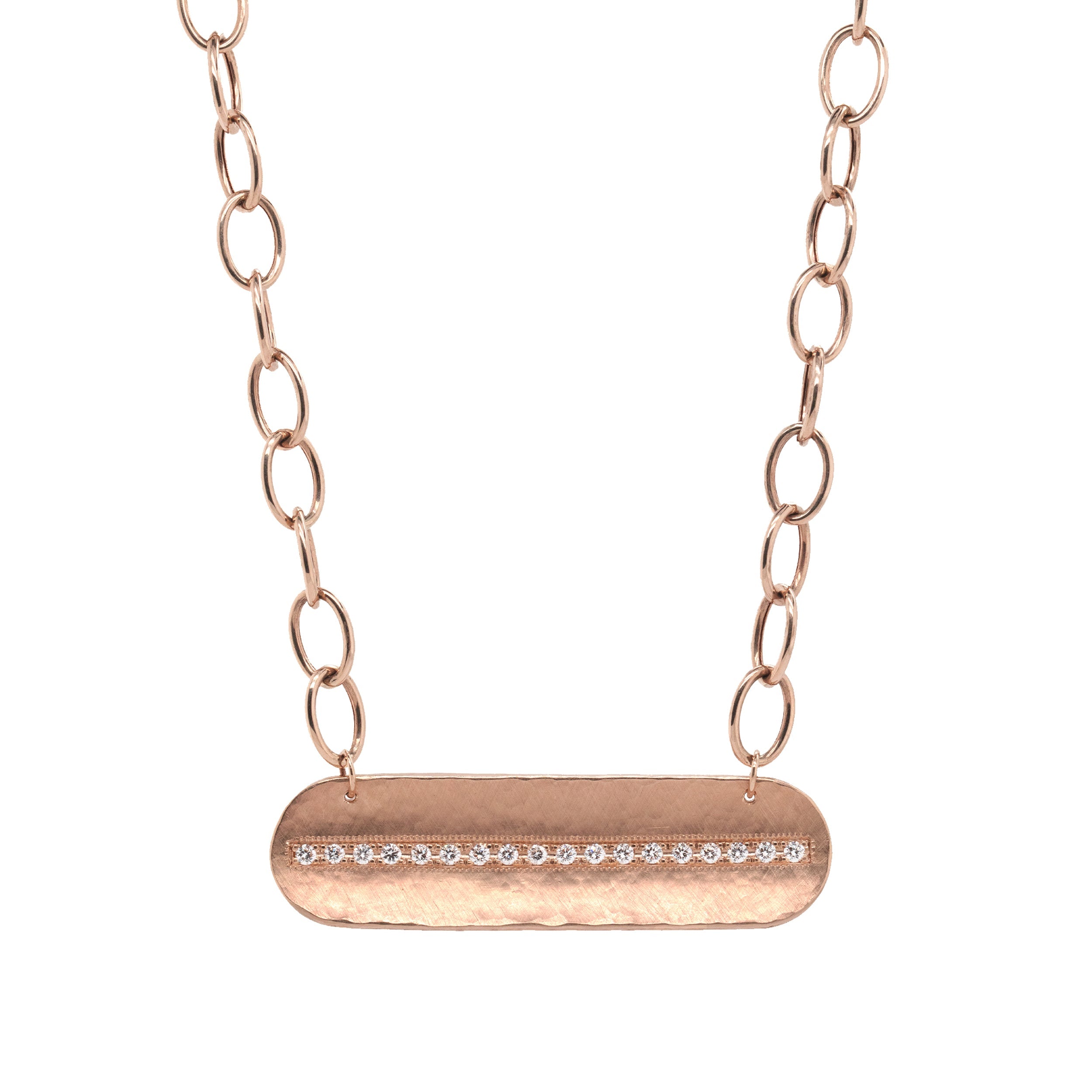 14K rose gold necklace with bar pendant featuring pave white diamonds hanging from large oval link chain on white background