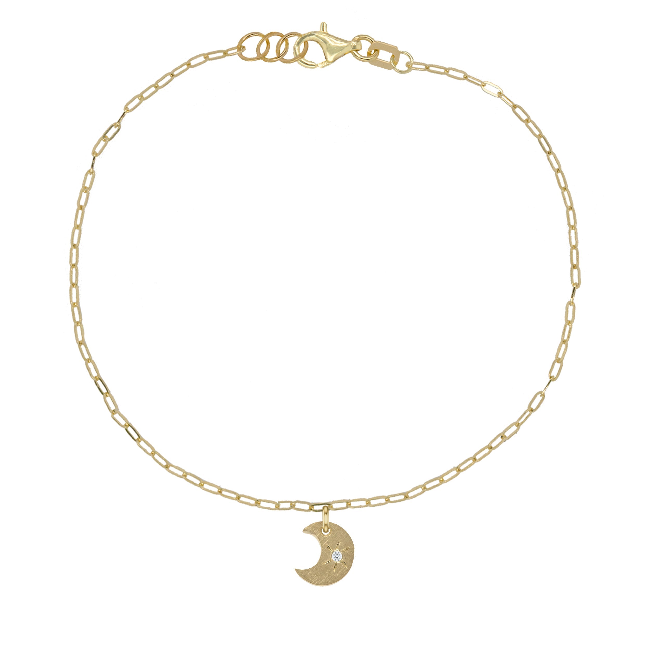 14k yellow gold teeny tiny white diamond moon charm with hand etched starburst on paperclip link chain on white background