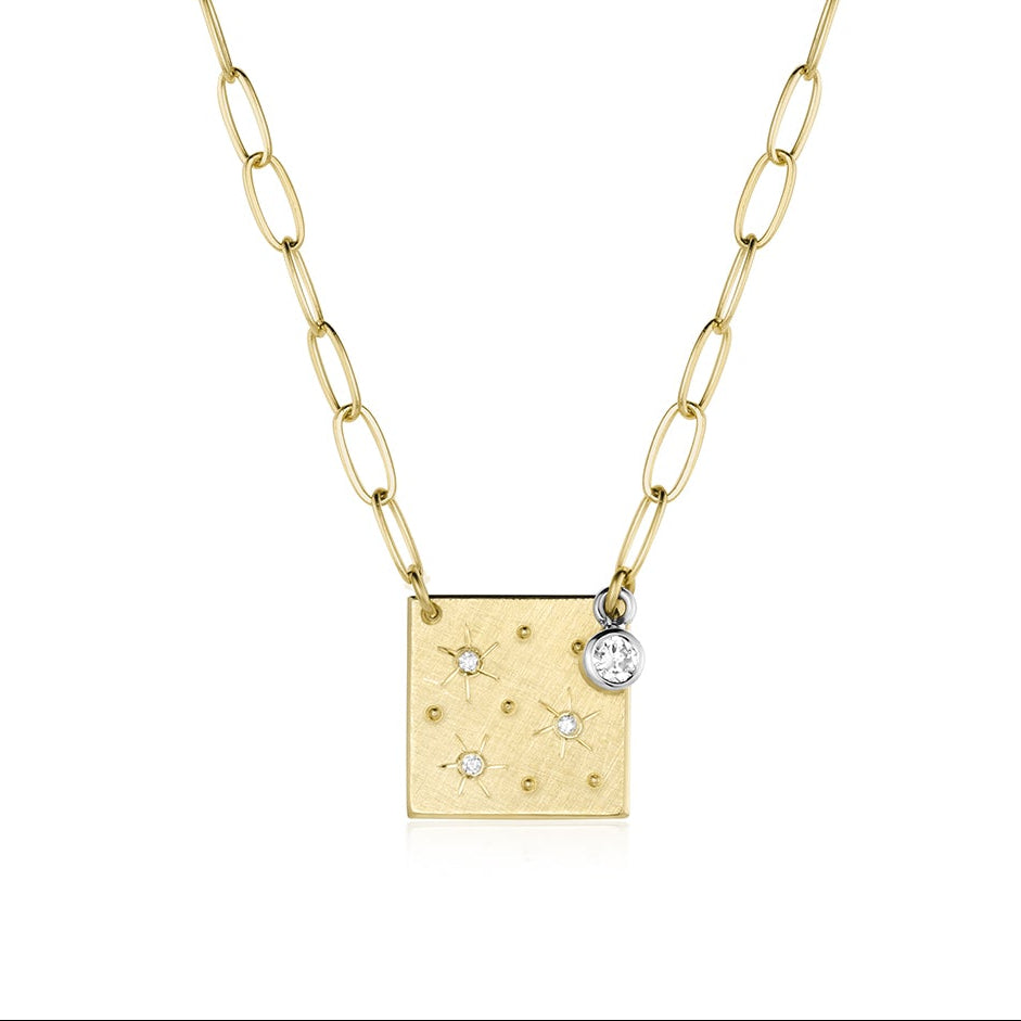 MORZ BEZI 14k Gold Square Medallion Necklace with Diamond Constellation and Charm Accent