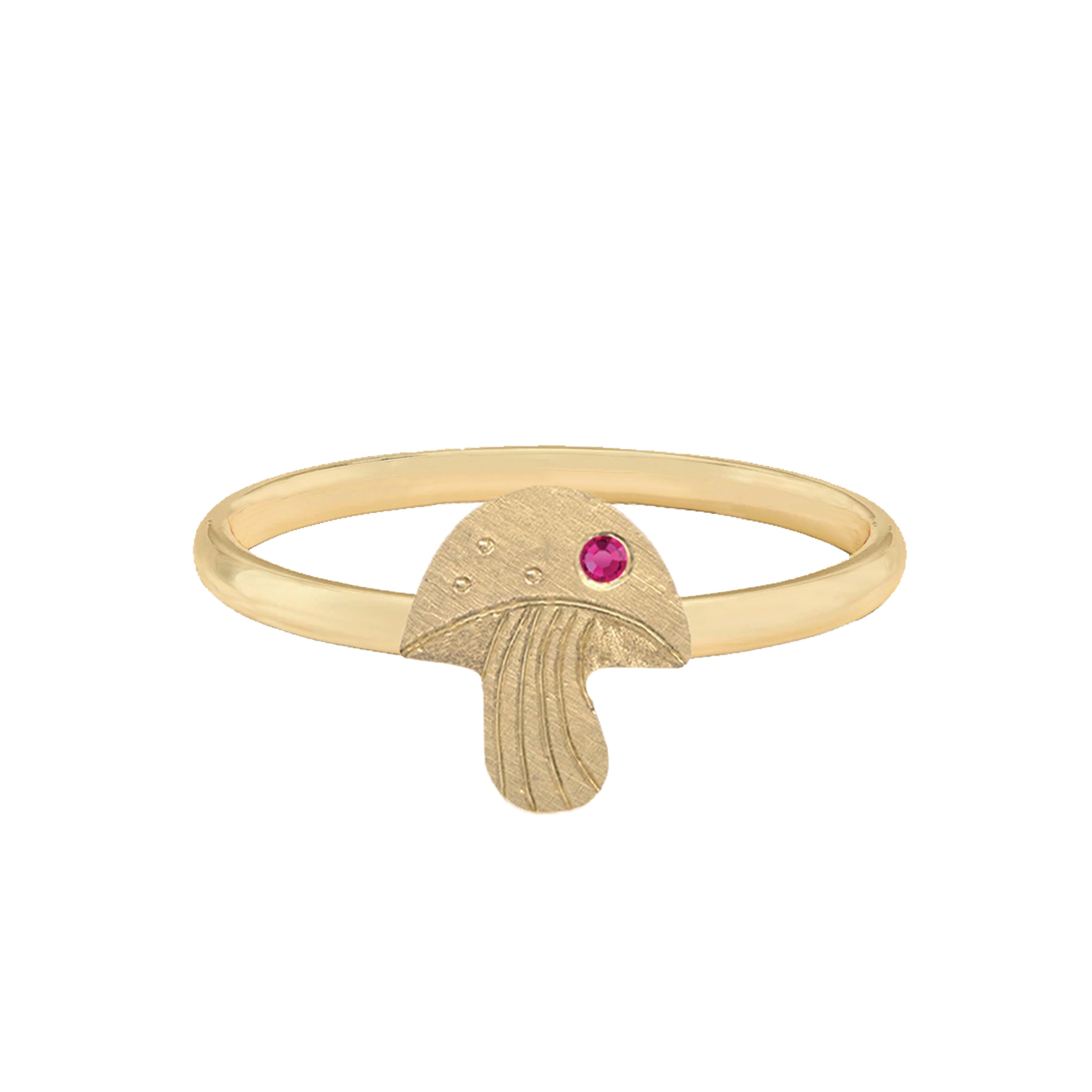 14k yellow gold teeny tiny mushroom ring with hand etched details and colored sapphire on a white background
