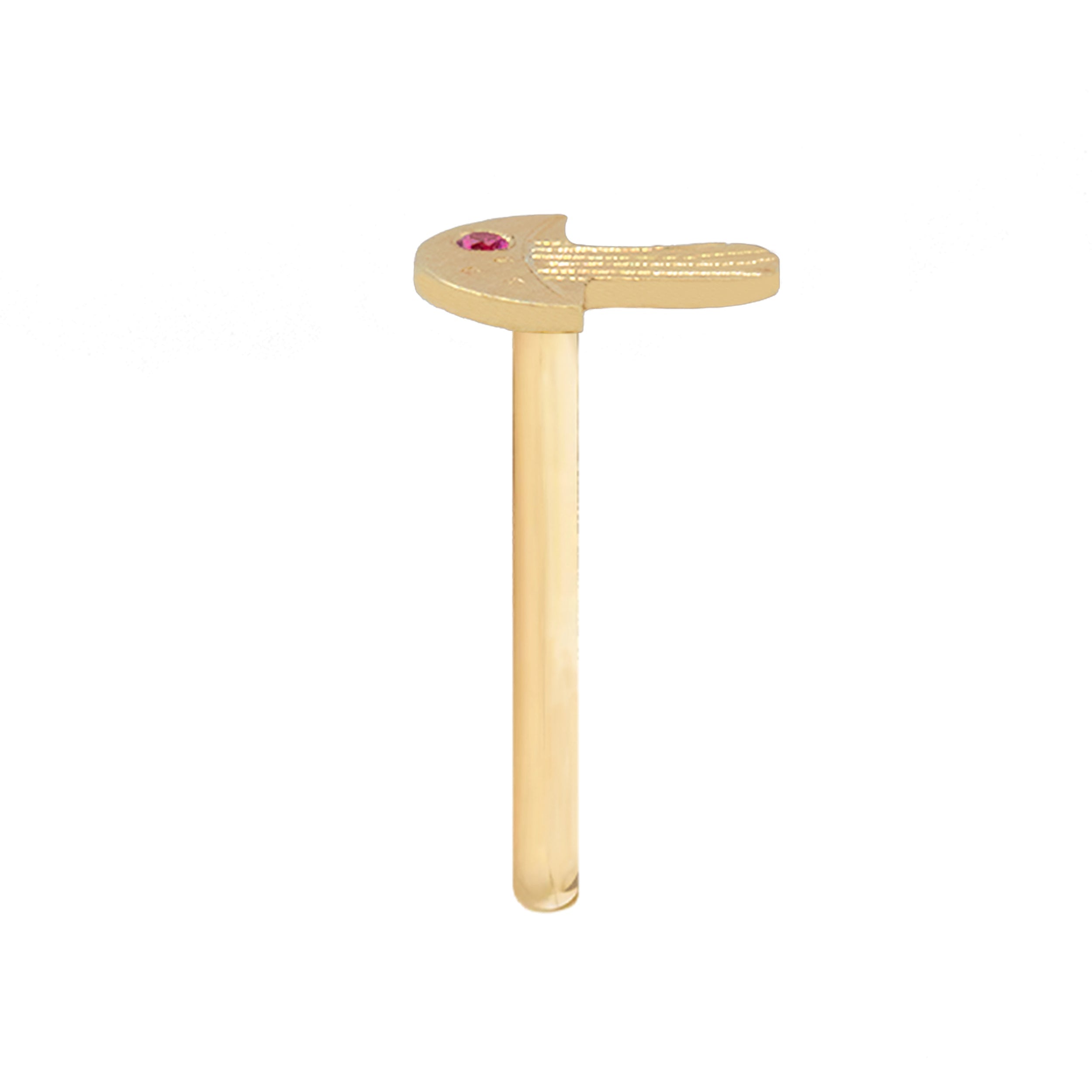 14k yellow gold teeny tiny mushroom ring with hand etched details and colored sapphire on a white background side view