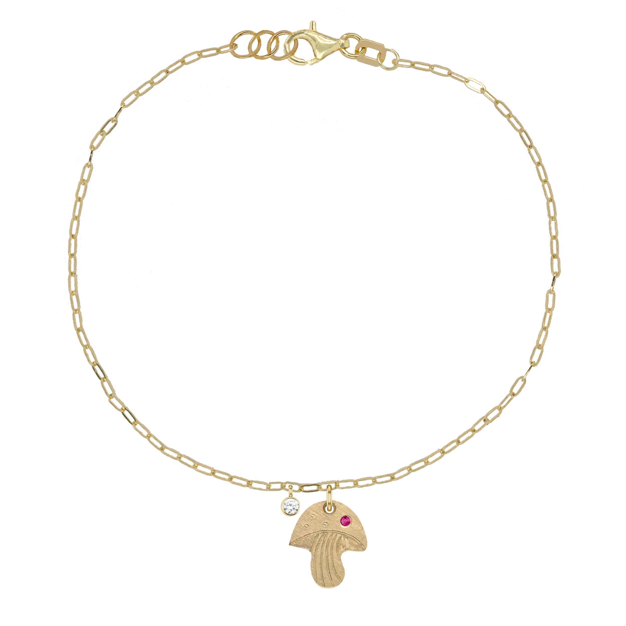 14k yellow gold teeny tiny pink sapphire mushroom charm with hand etched details on paperclip link chain with bezel set white diamond accent charm on white background