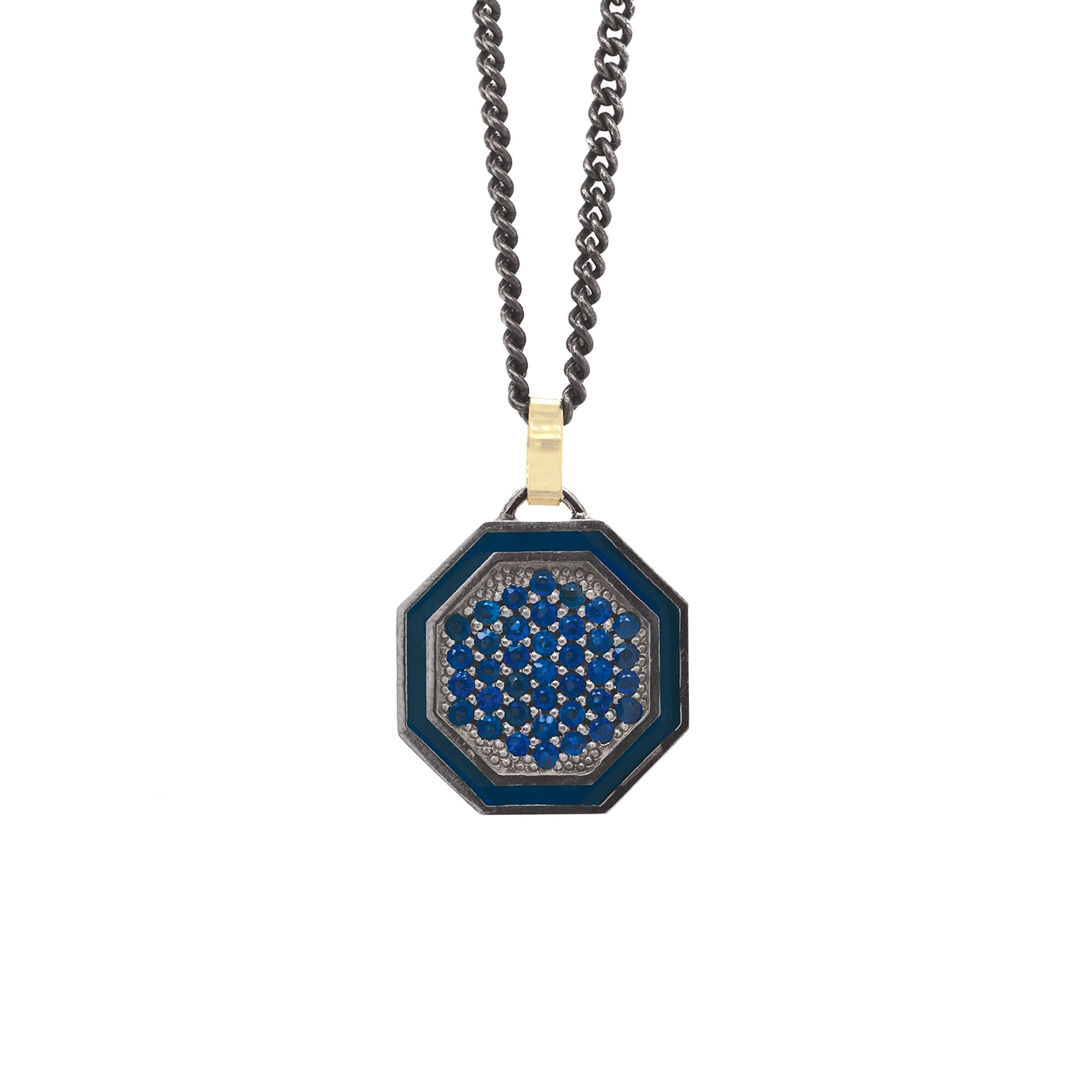 blackened sterling silver octagon pendant with colored gemstones and colored enamel border on 14k yellow gold jump ring on white background