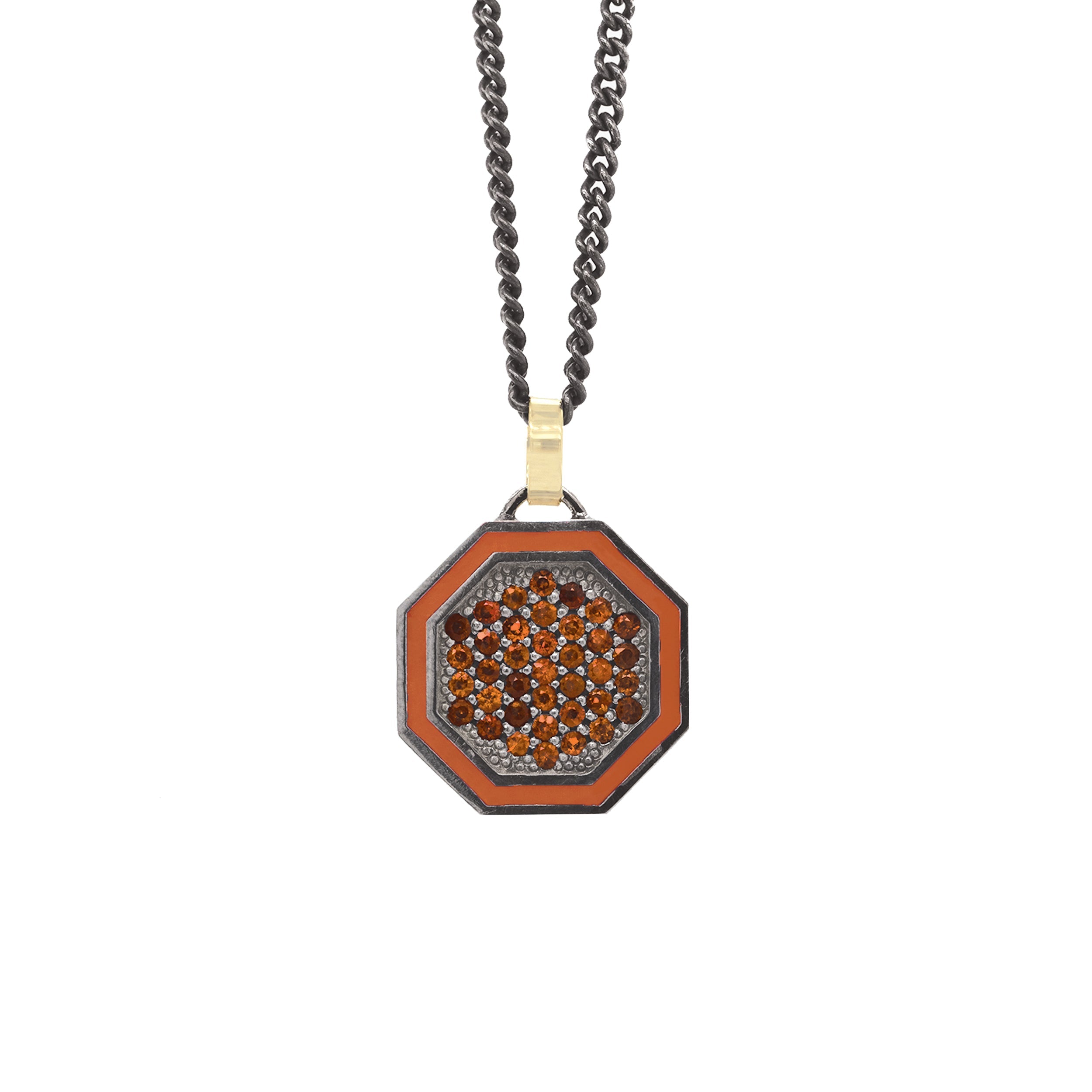 blackened sterling silver octagon pendant with colored gemstones and colored enamel border on 14k yellow gold jump ring on white background