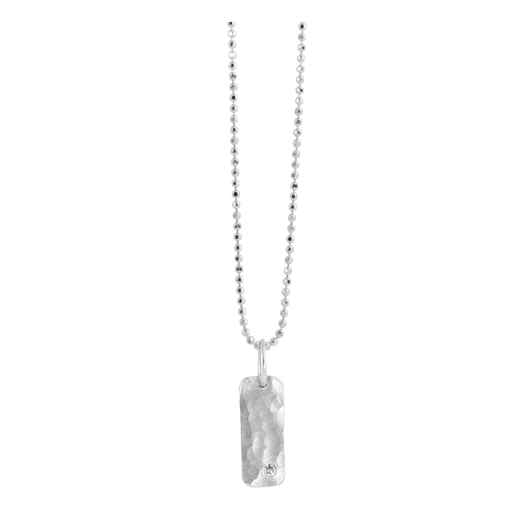 14k white gold hammered texture small rectangular bar necklace with single stone diamond accent hanging from diamond ball chain shown on white background.