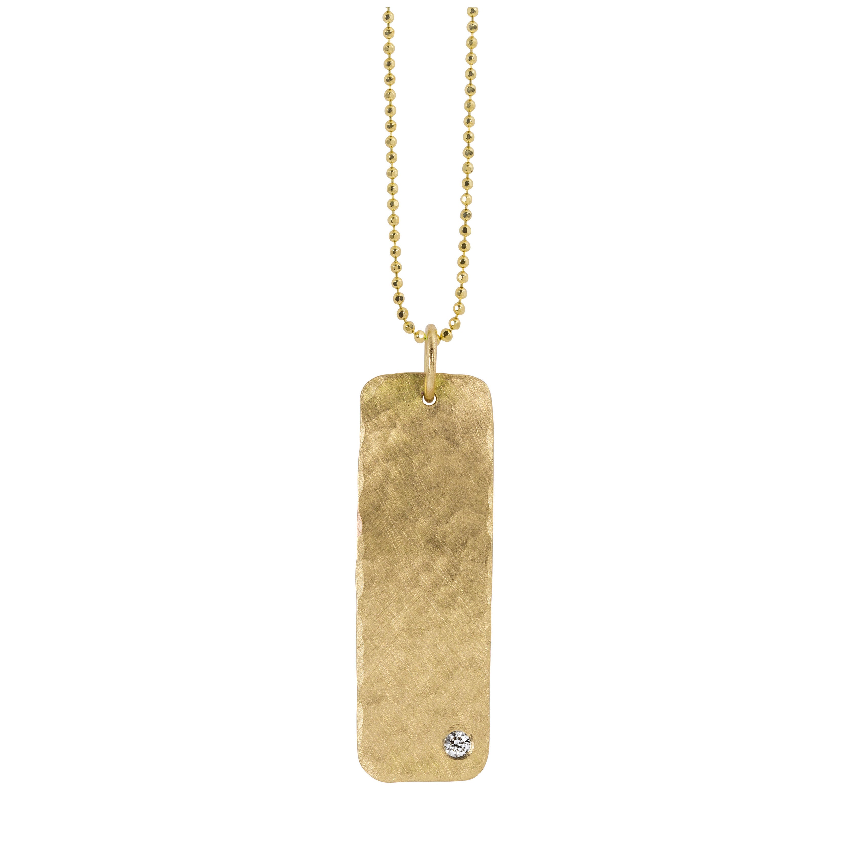 14k yellow gold elongated rectanglular hammer texture pendant with single stone diamond accent hanging from dainty ball chain 