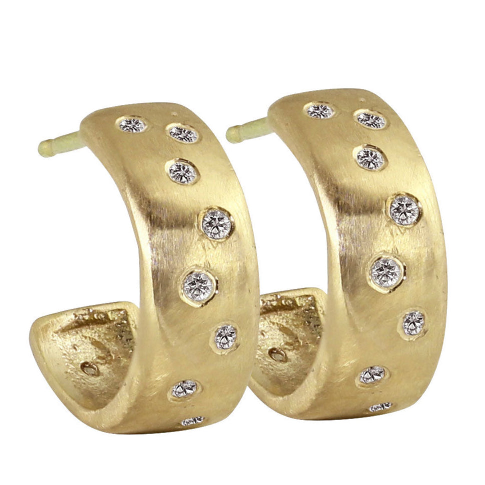 14k yellow gold huggie hoop earrings with scattered diamonds brushed satin finish on a white background