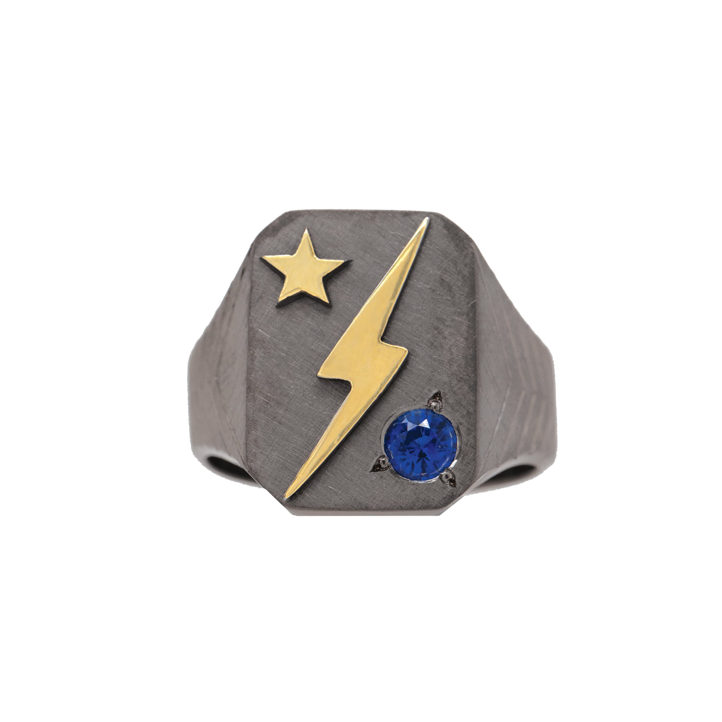 ORBIT Blackened Sterling Silver Block Ring with 14k Gold & Blue Sapphire