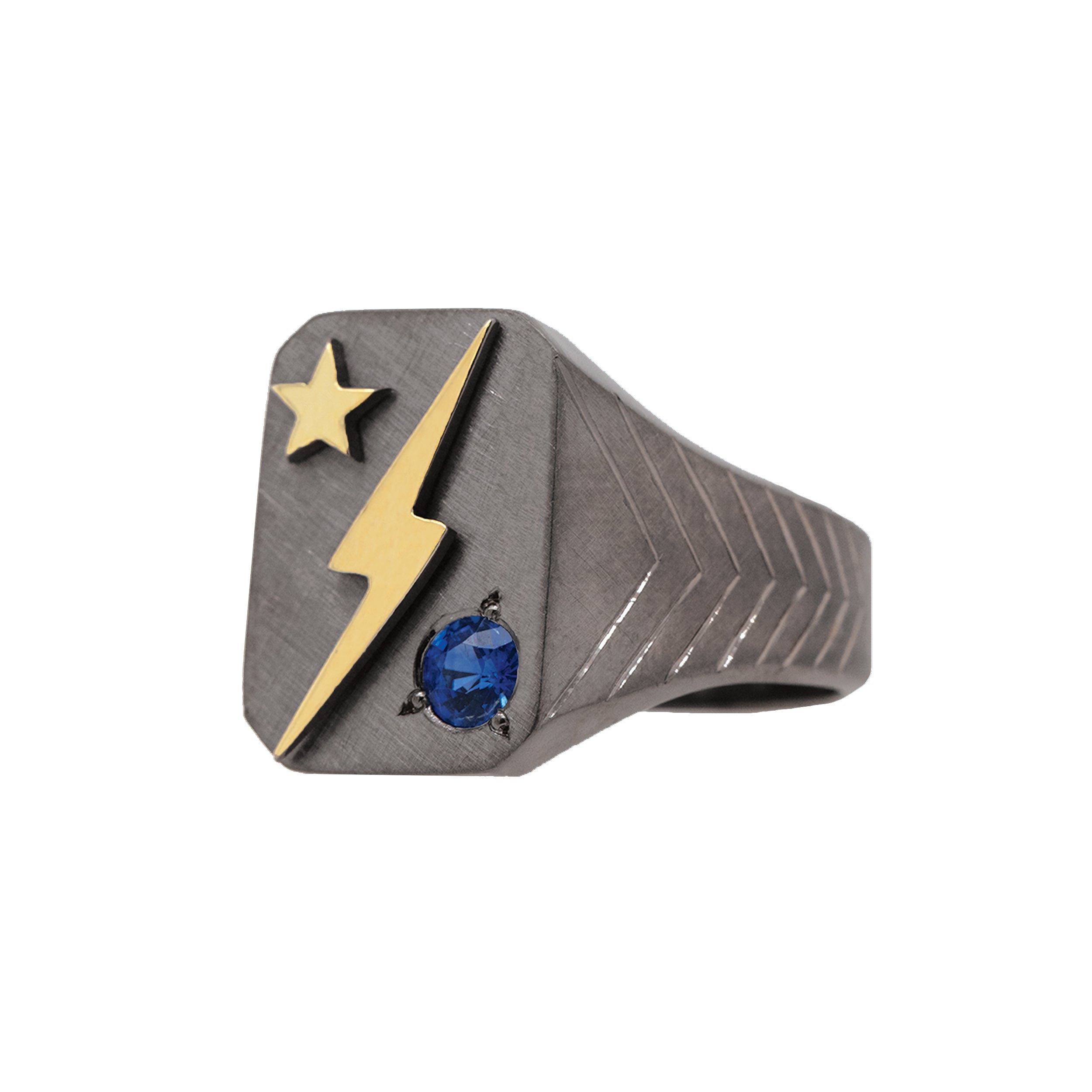 ORBIT Blackened Sterling Silver Block Ring with 14k Gold & Blue Sapphire