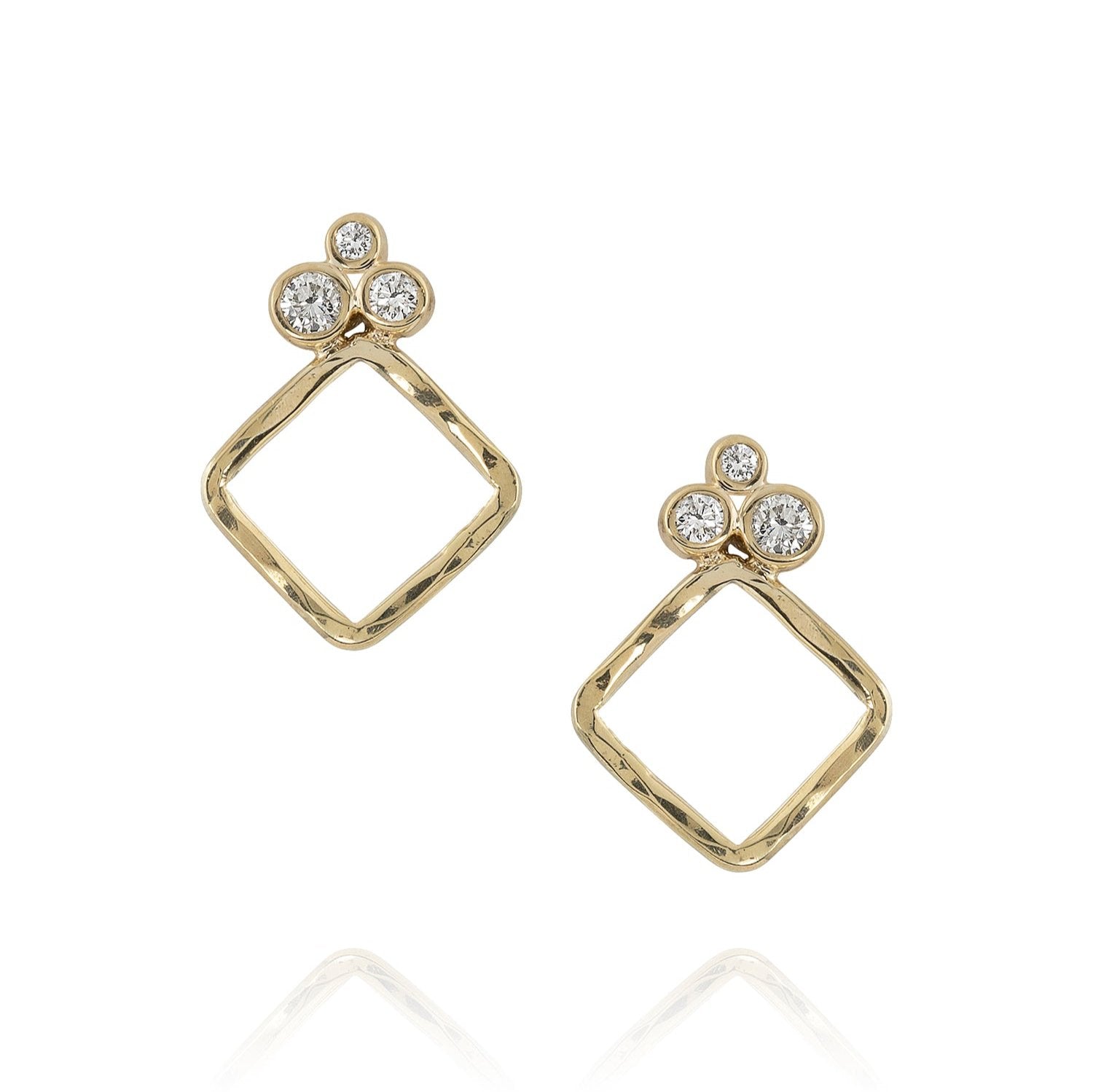 Three stone diamond cluster posts with 14k gold drop in a diamond shape. 