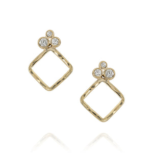 Three stone diamond cluster posts with 14k gold drop in a diamond shape. 