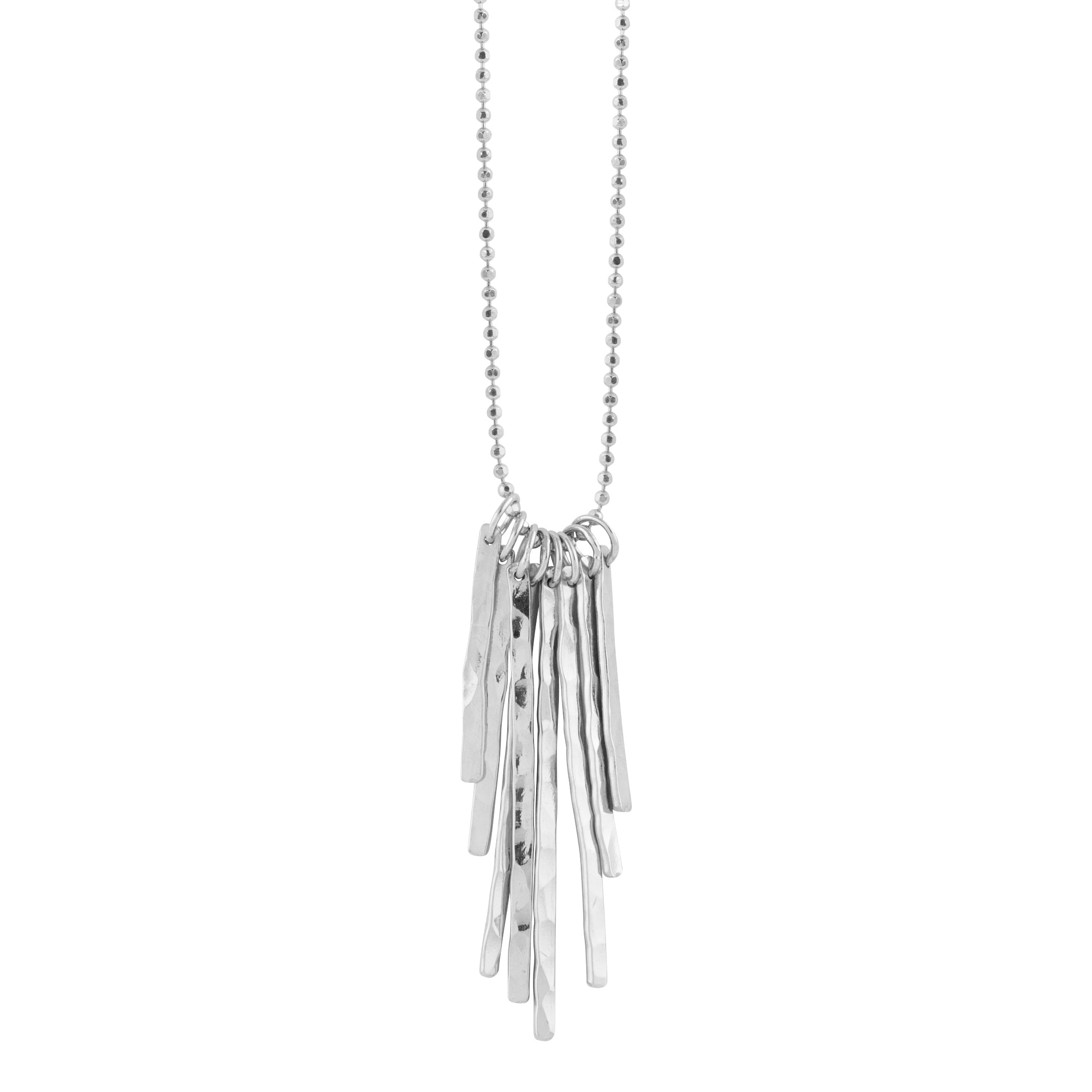14k white gold fringe bar necklace with multiple hammered bars dangling from dainty diamond cut ball chain on white background