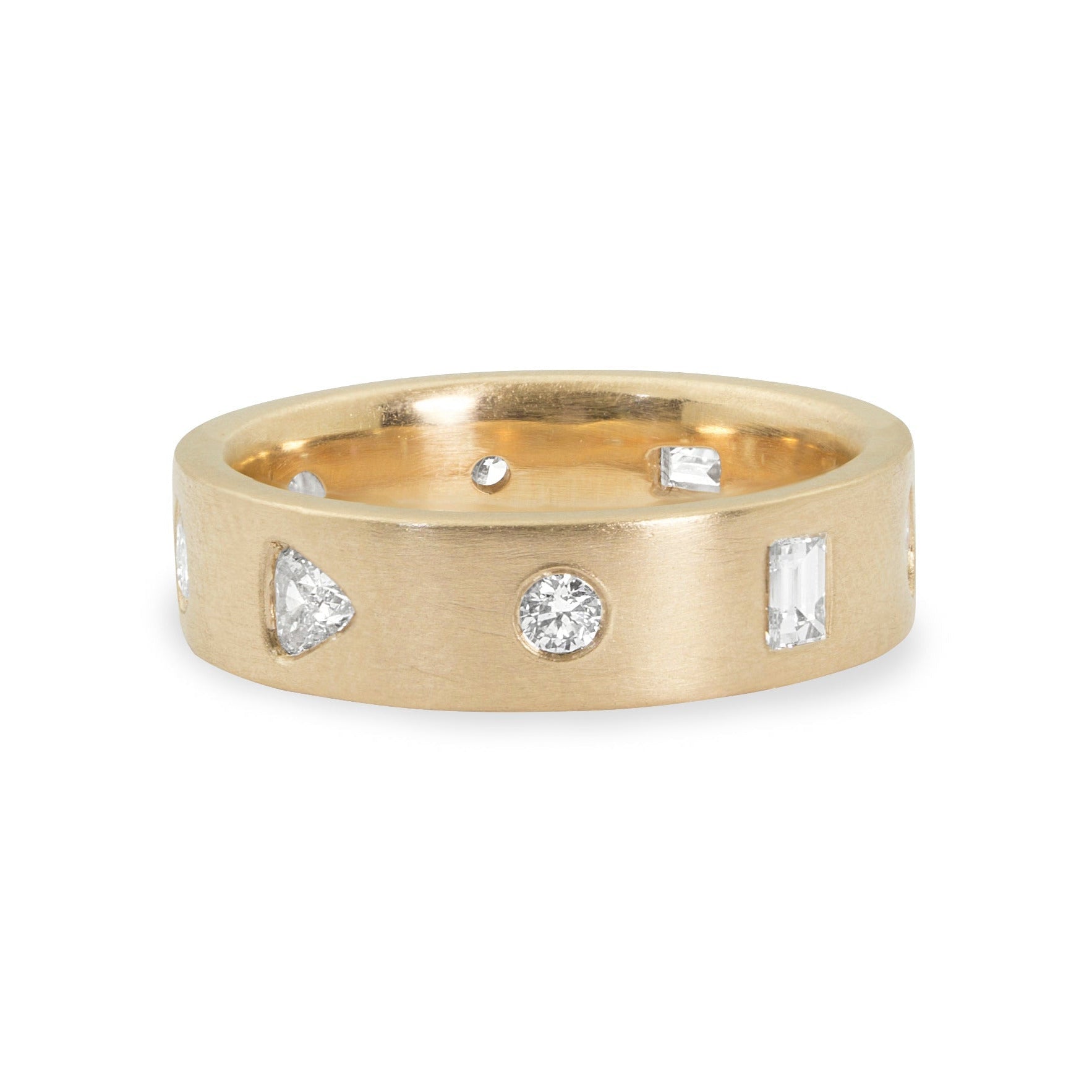 14k yellow gold wide satin raki band with custom picked mixed shape white diamonds on white background