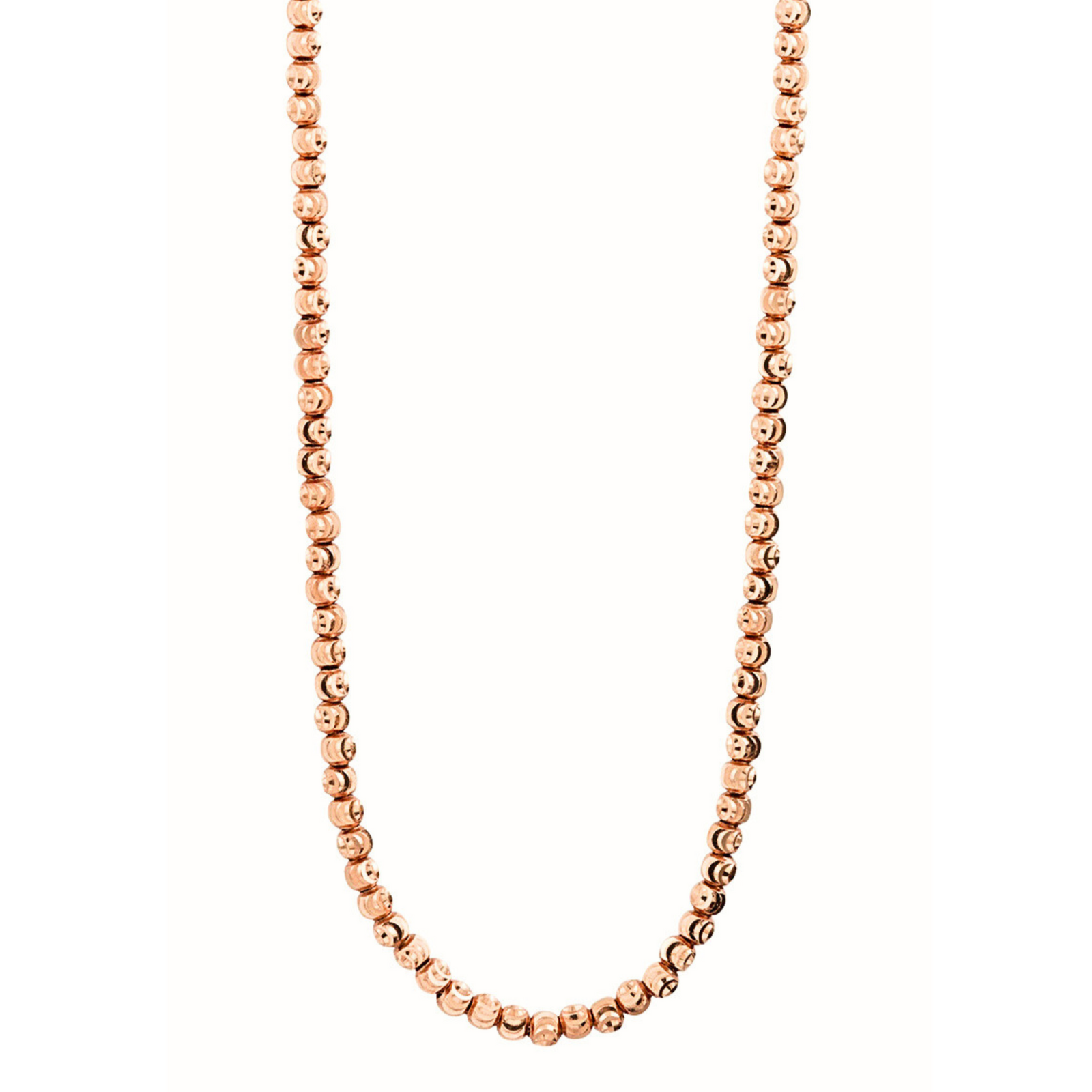 14k Yellow gold  choker necklace. Faceted moon cut solid gold beads close up on white background