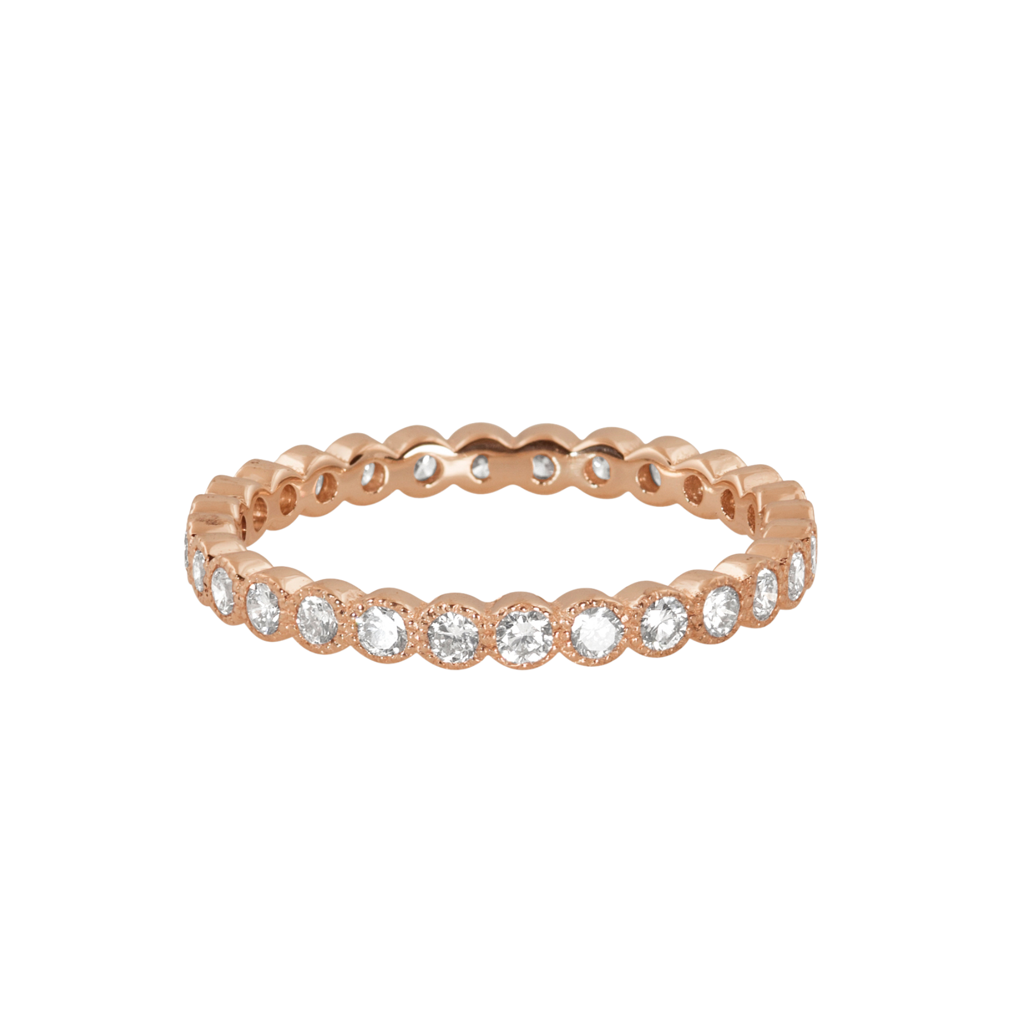 14k rose gold milgrain white diamond eternity stacking ring on a white background