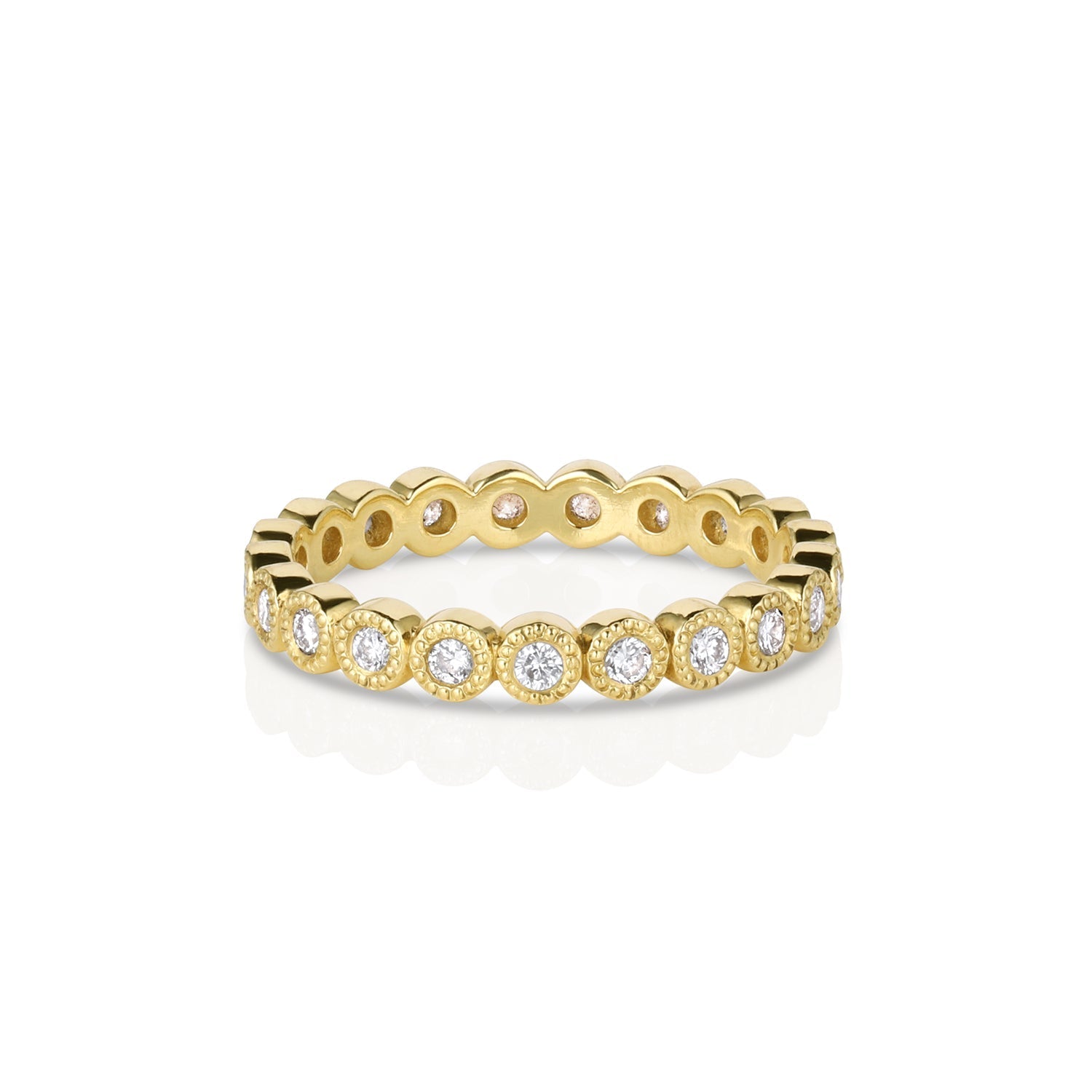 14k yellow gold milgrain white diamond eternity stacking ring on a white background