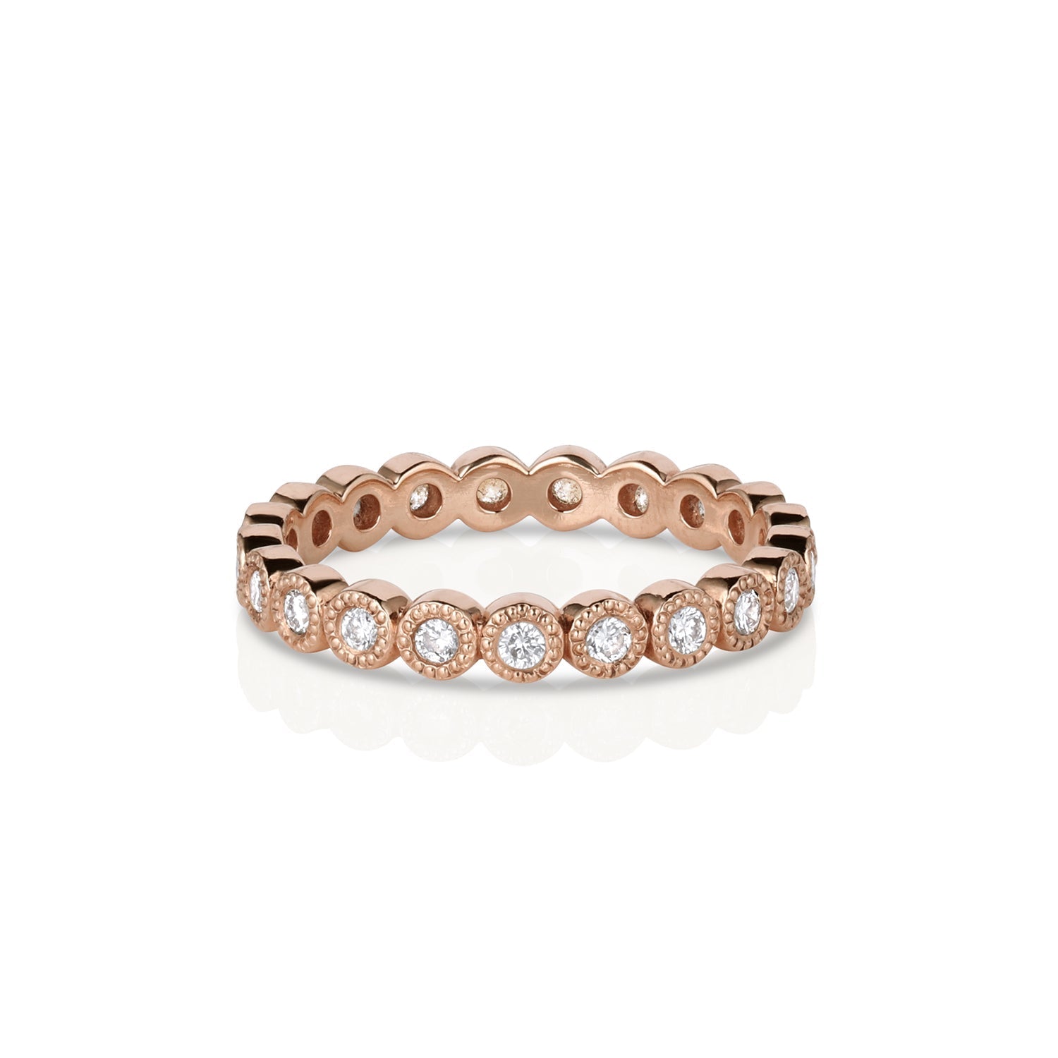 14k rose gold milgrain white diamond eternity stacking ring on a white background