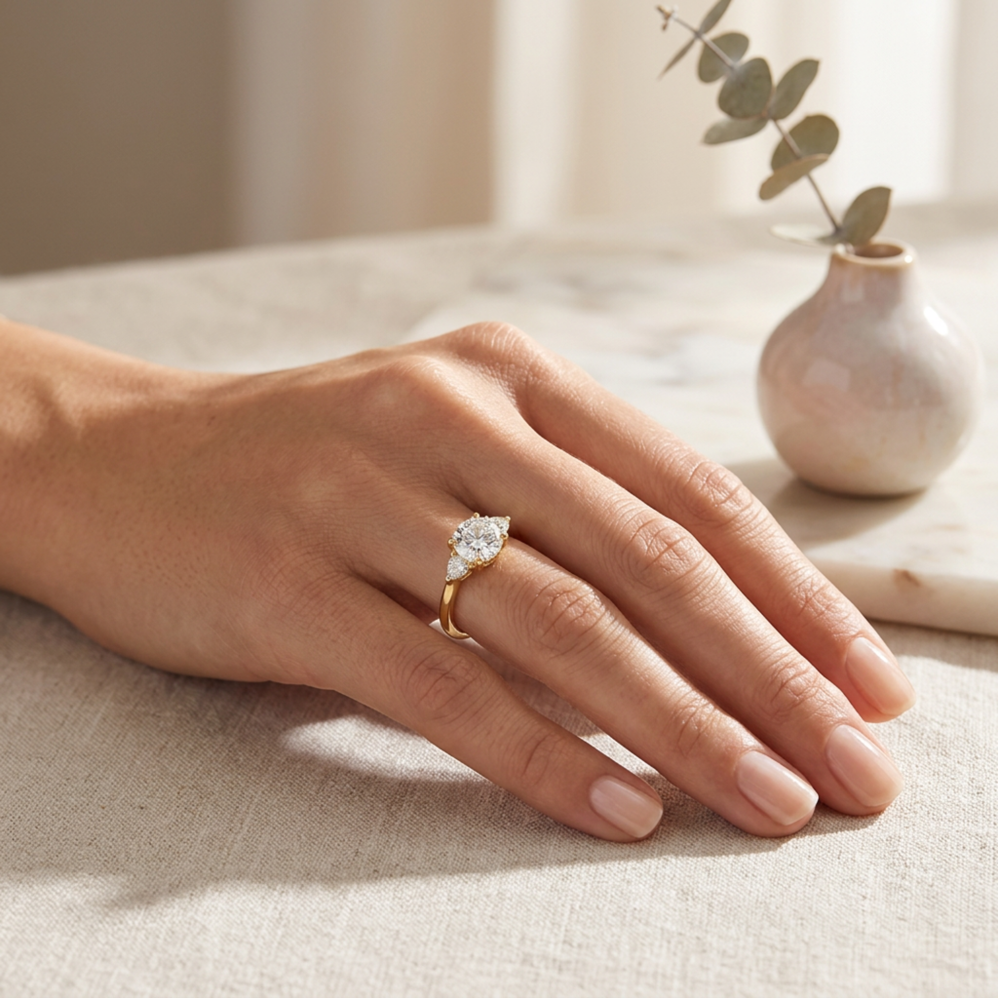 Round and trillion cut three stone diamond engagement ring in 14k yellow gold, lifestyle shot worn on a model's hand