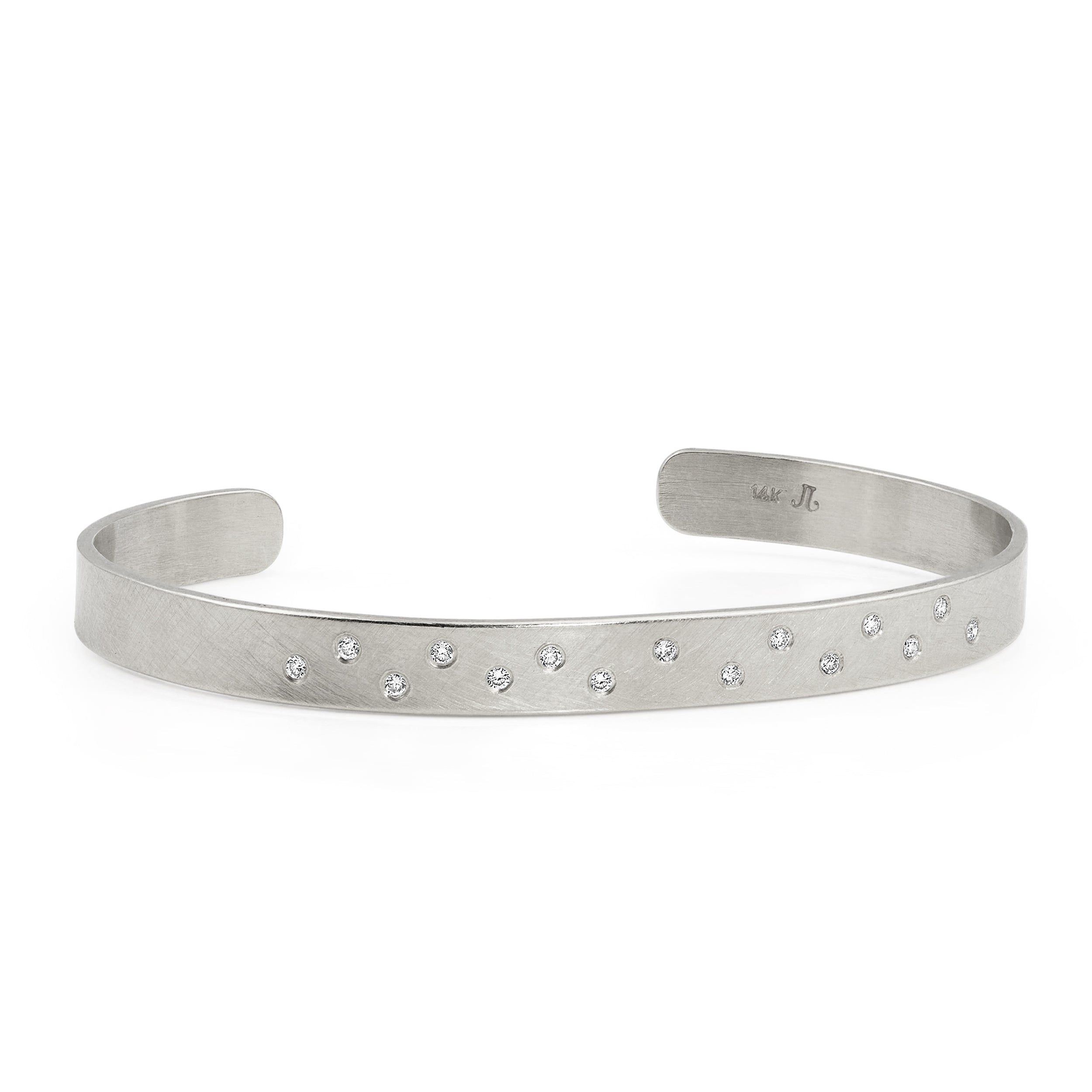 14k white gold hammered cuff bracelet with scattered white diamonds on white background