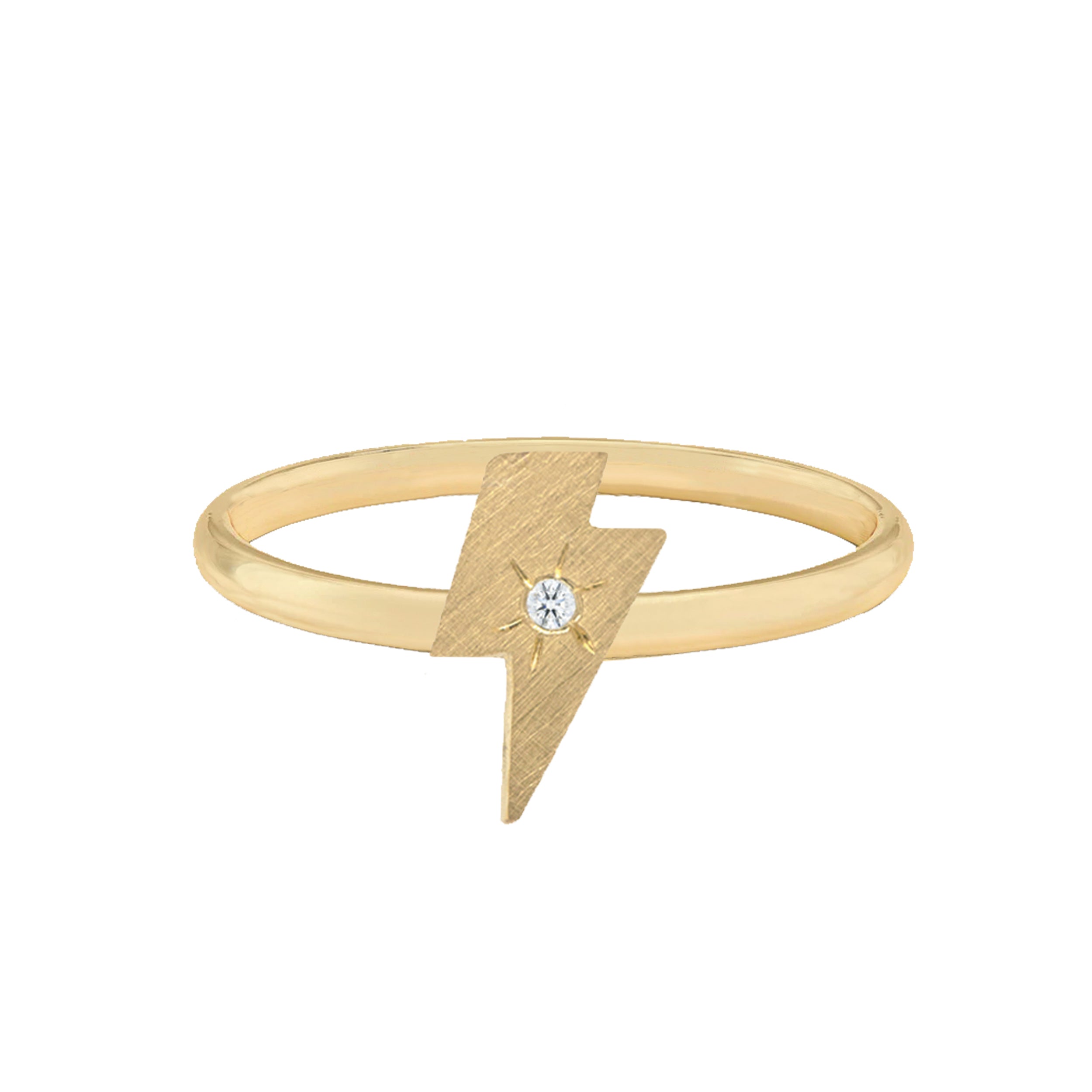 14k yellow gold teeny tiny lightning bolt ring with starburst white diamond in center on white background