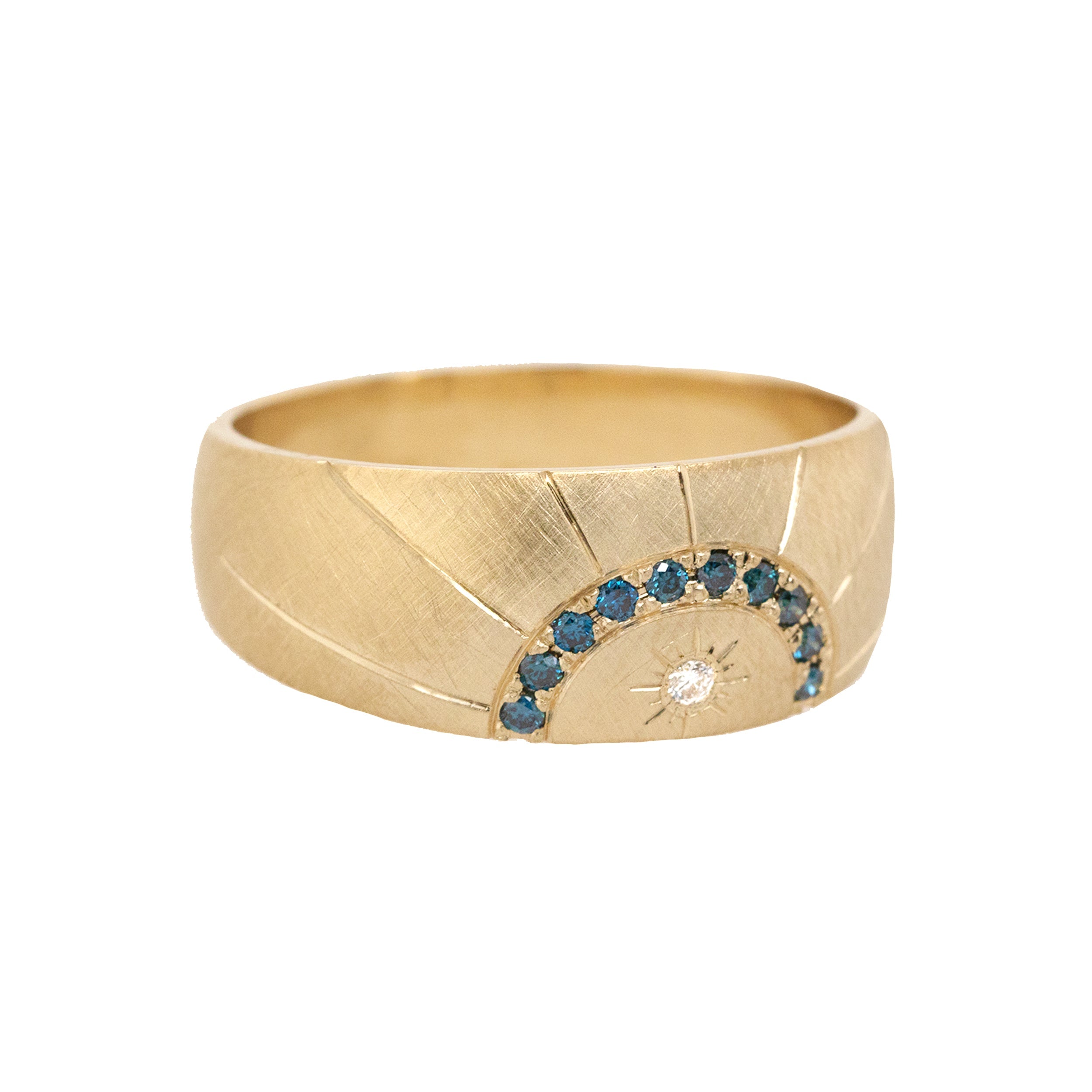 14k yellow gold wide band ring with hand etched sunburst and teal and white diamonds on white background