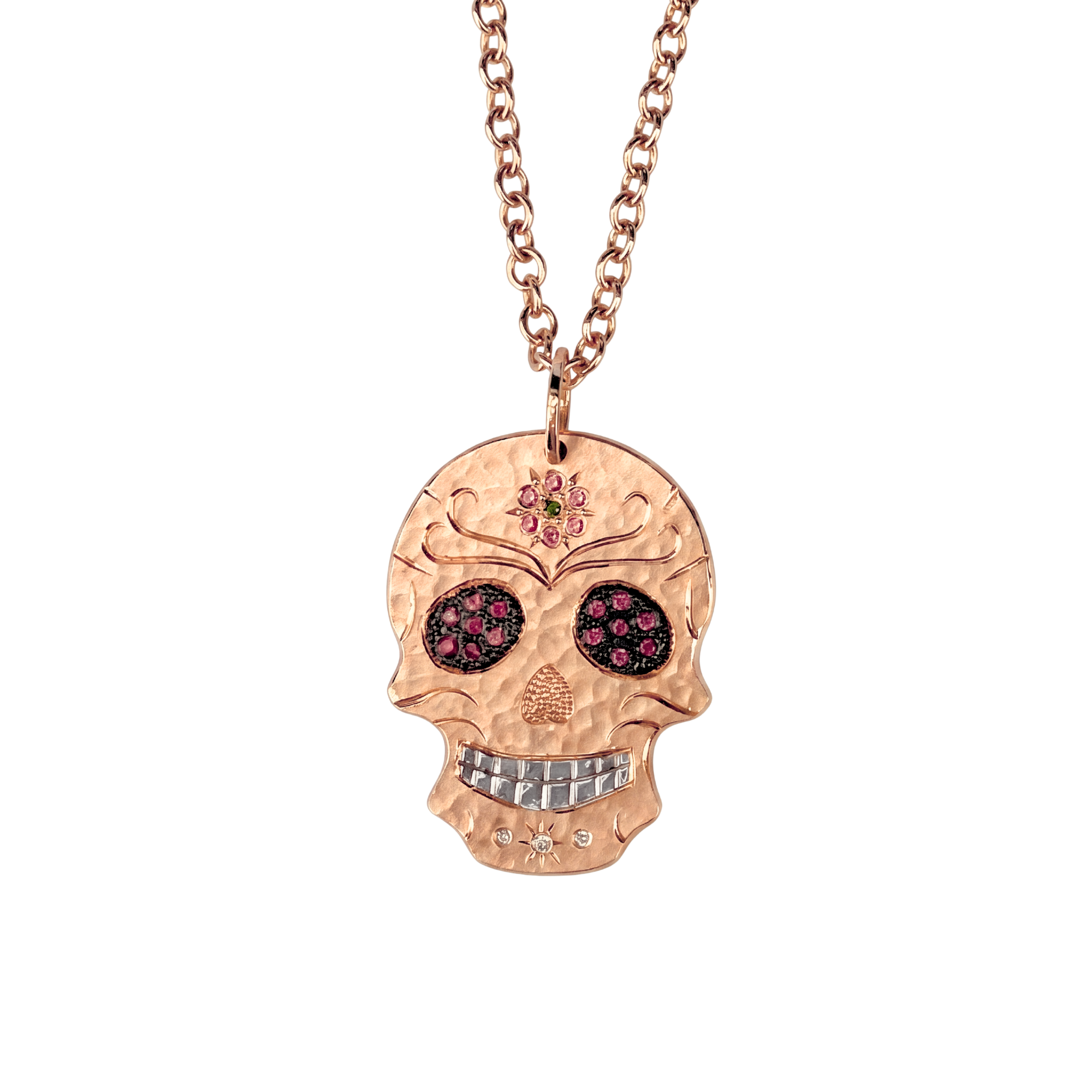 Sapphire Flower Hand-Engraved Sugar Skull Pendant | Medium | 14K Gold | Style Inez
