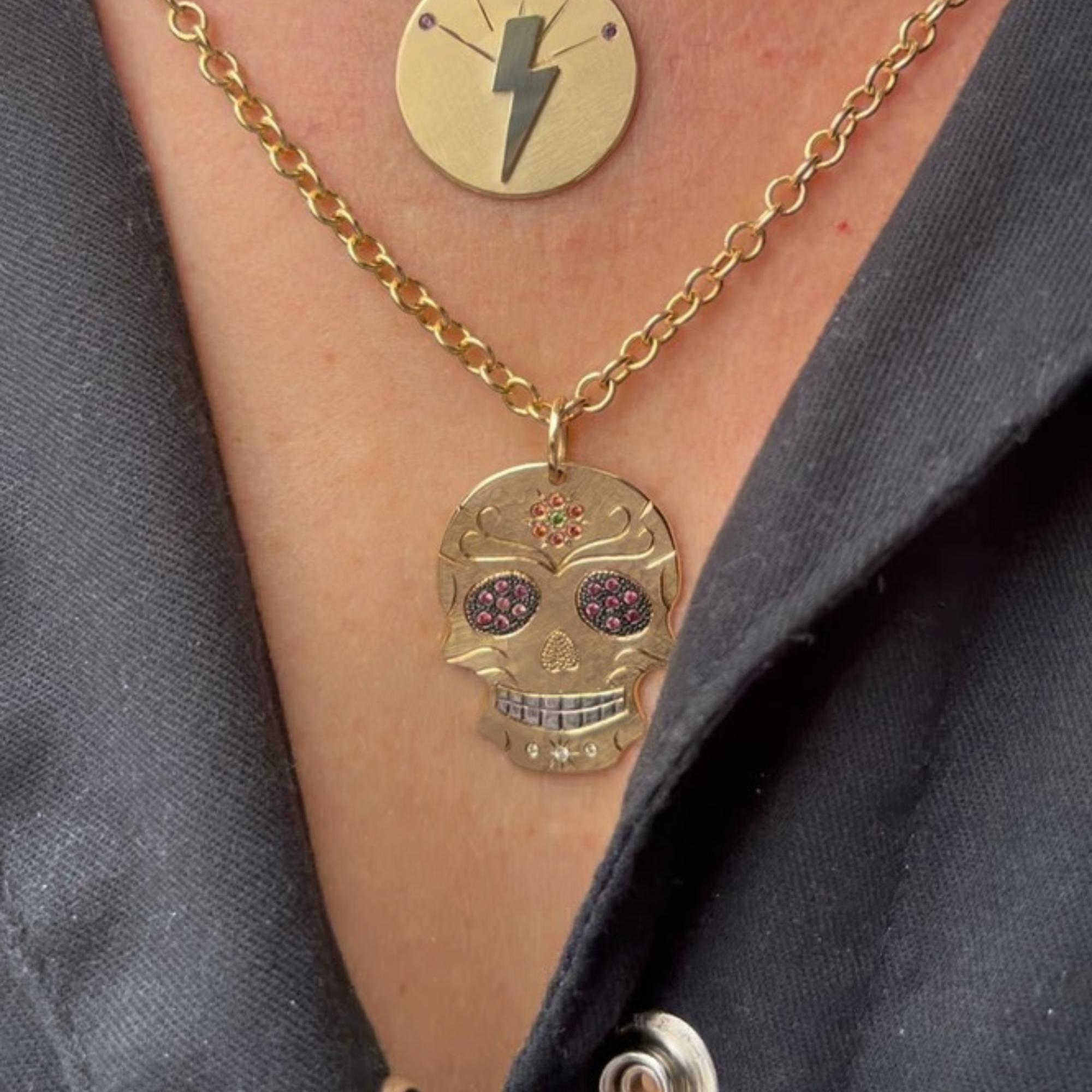 Sapphire Flower Hand-Engraved Sugar Skull Pendant | Medium | 14K Gold | Style Inez
