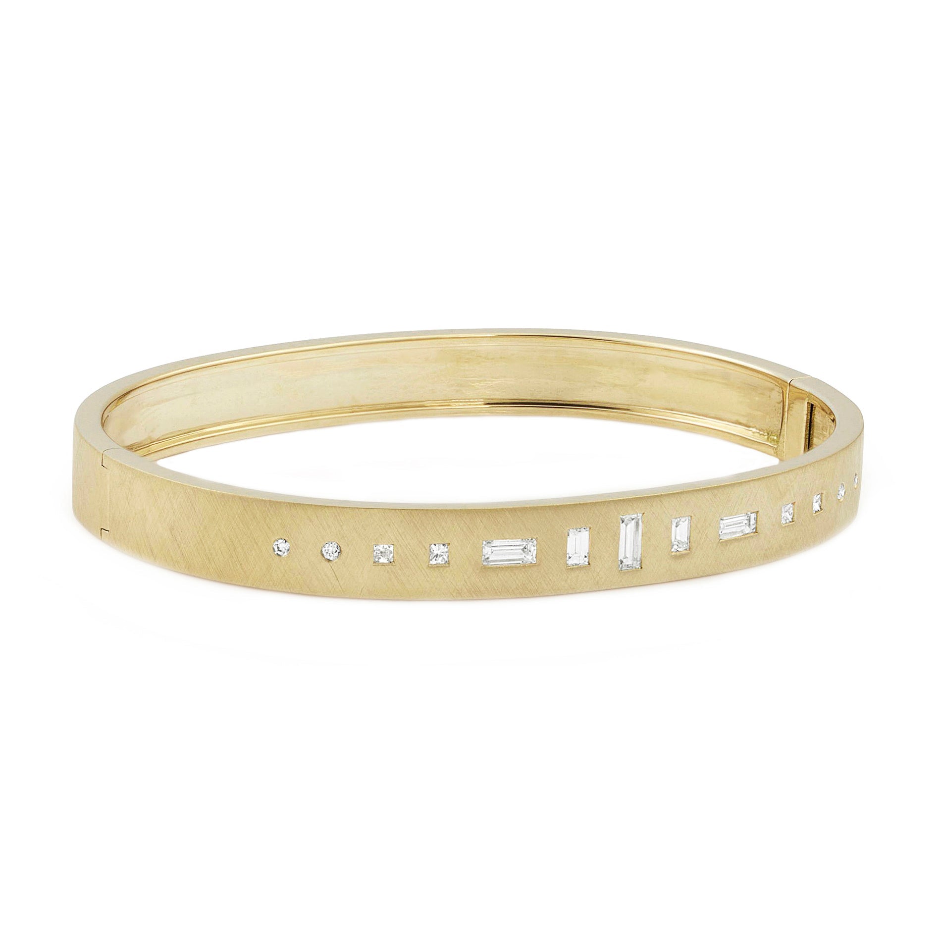18k yellow gold hinged bangle bracelet with baguette and round white diamonds on white background