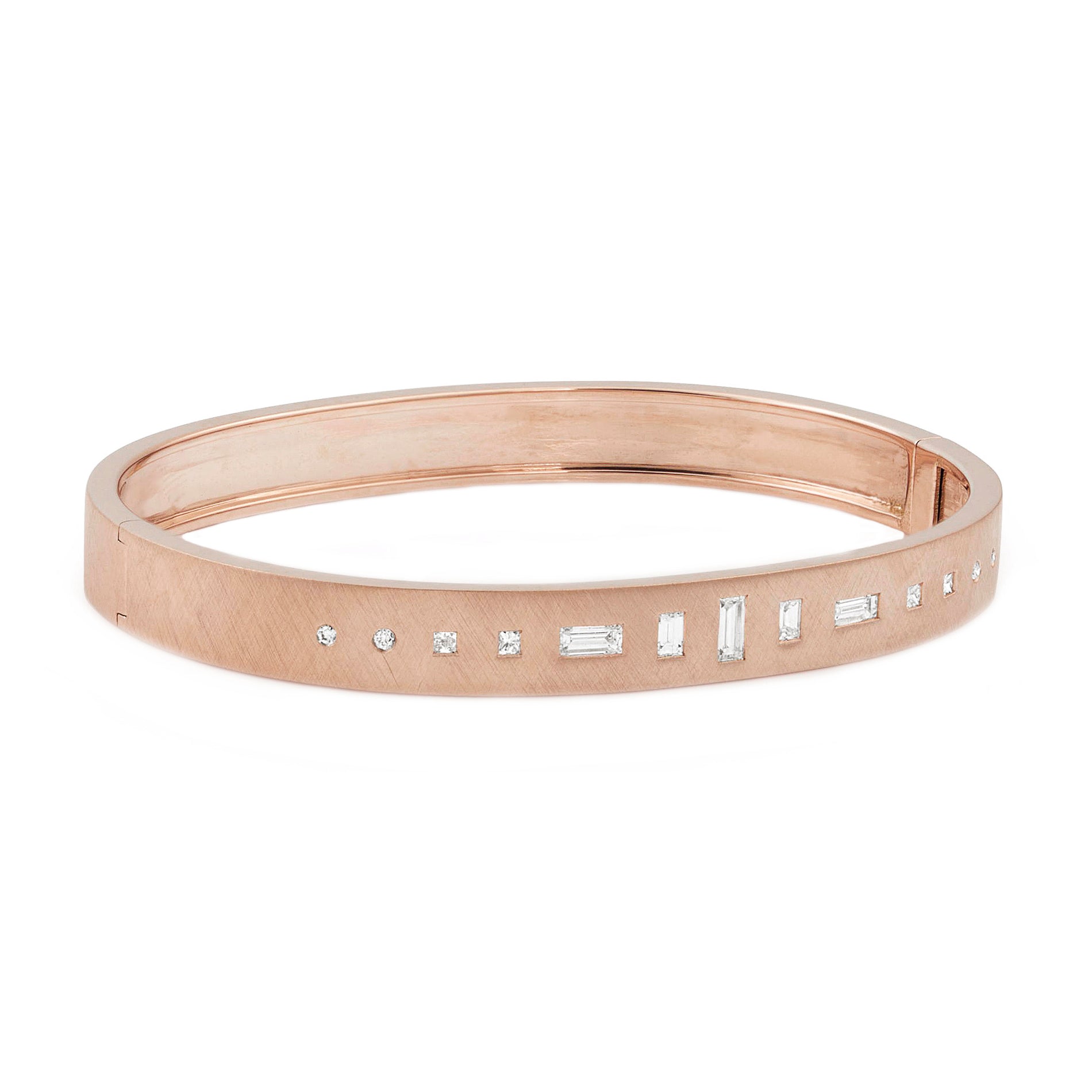 18k rose gold hinged bangle bracelet with baguette and round white diamonds on white background