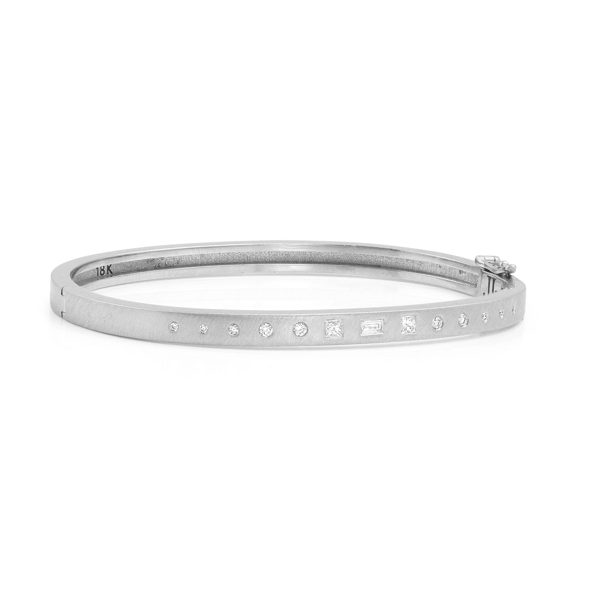 18k white gold hinged bangle bracelet with mixed cut white diamonds on white background