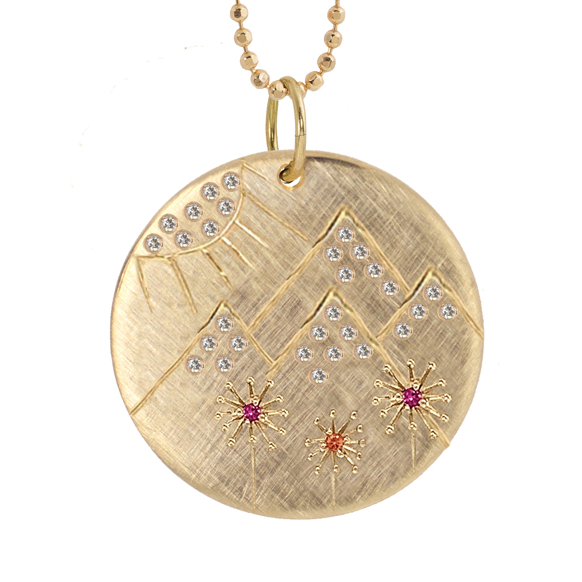 14k Gold Round pendant with mountains and diamond studded mountain peaks with pink and orange sapphire flower detail