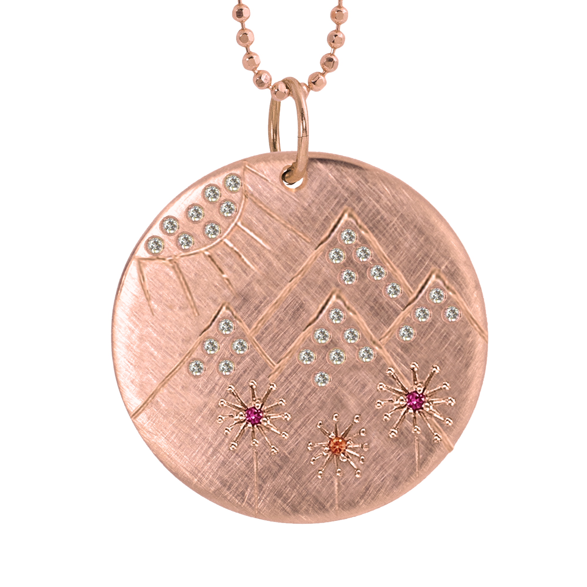 14k rose gold round pendant featuring mountain designs and gemstones on a white background