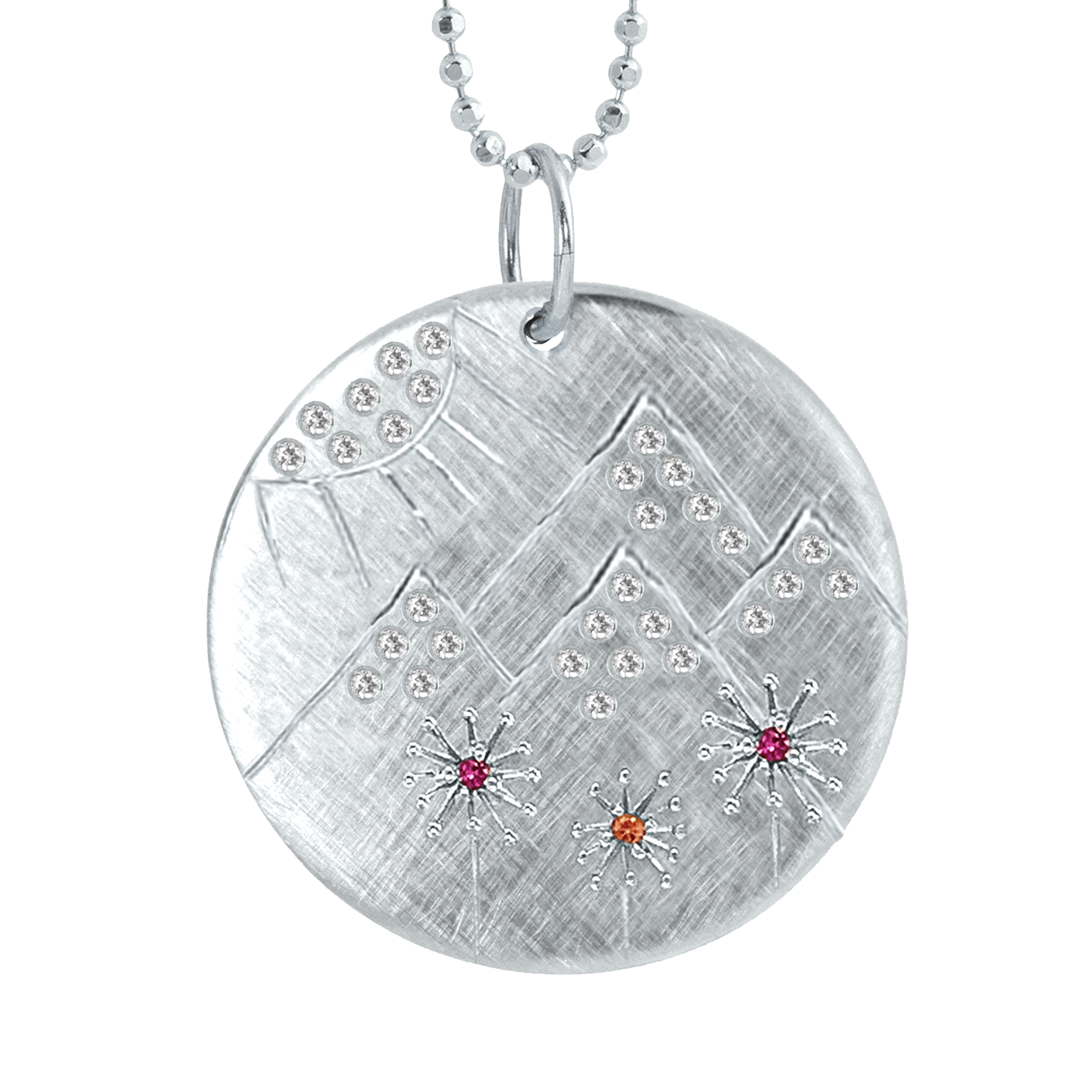 14k white gold round pendant featuring mountain designs and gemstones on a white background