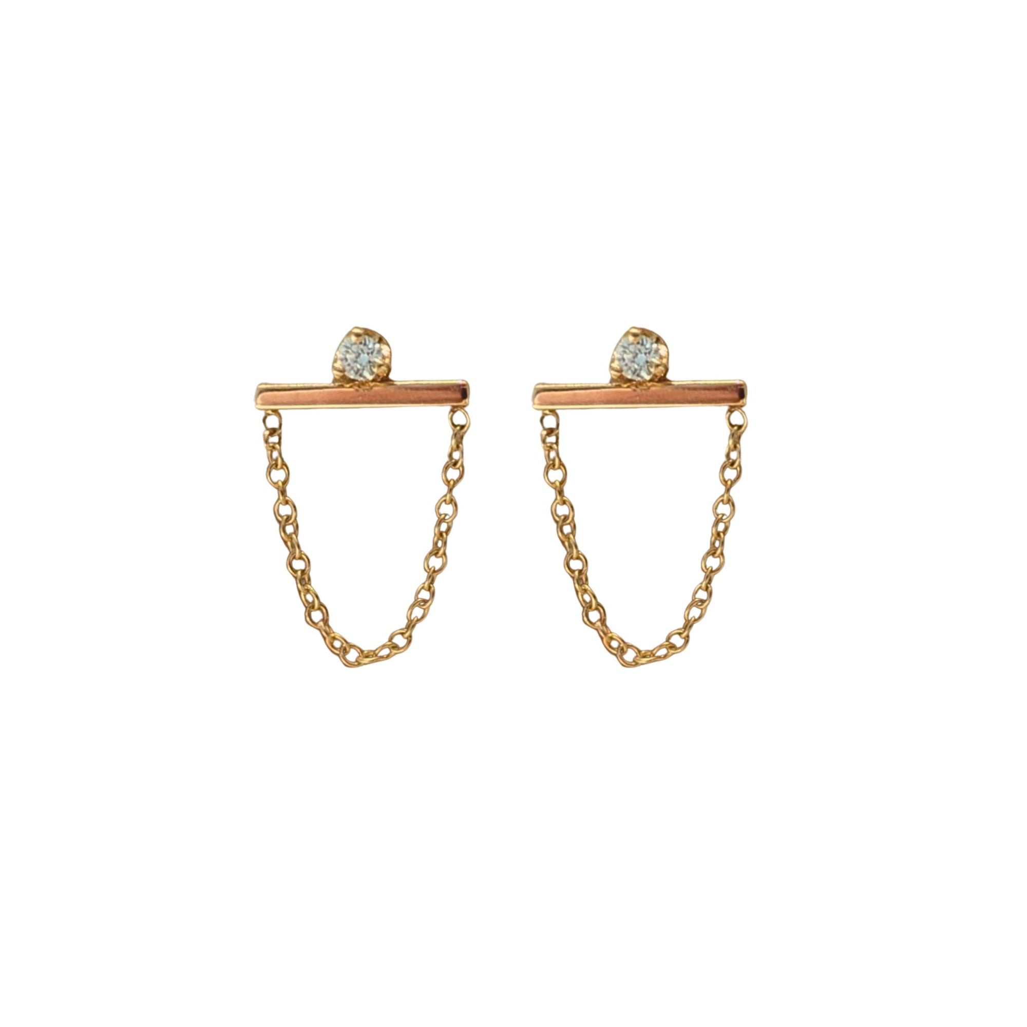 Zoe Chicco 14k Small Bar Studs with a Hanging Chain & Prong set Diamond