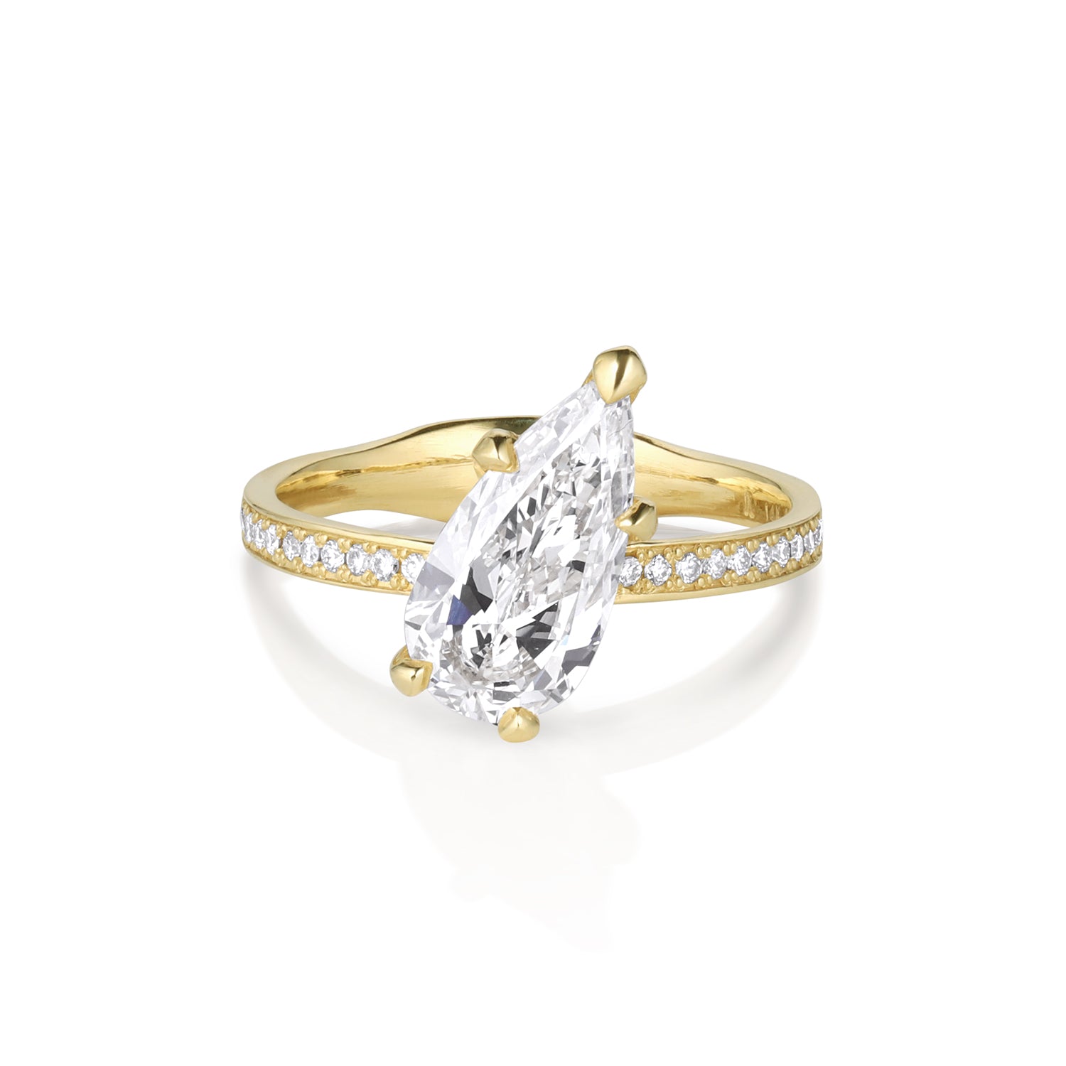 14k yellow gold ring featuring a tilted 5 prong set long pear shaped diamond on a pave set half eternity band. Bottom of shank is thickened for comfort wear.